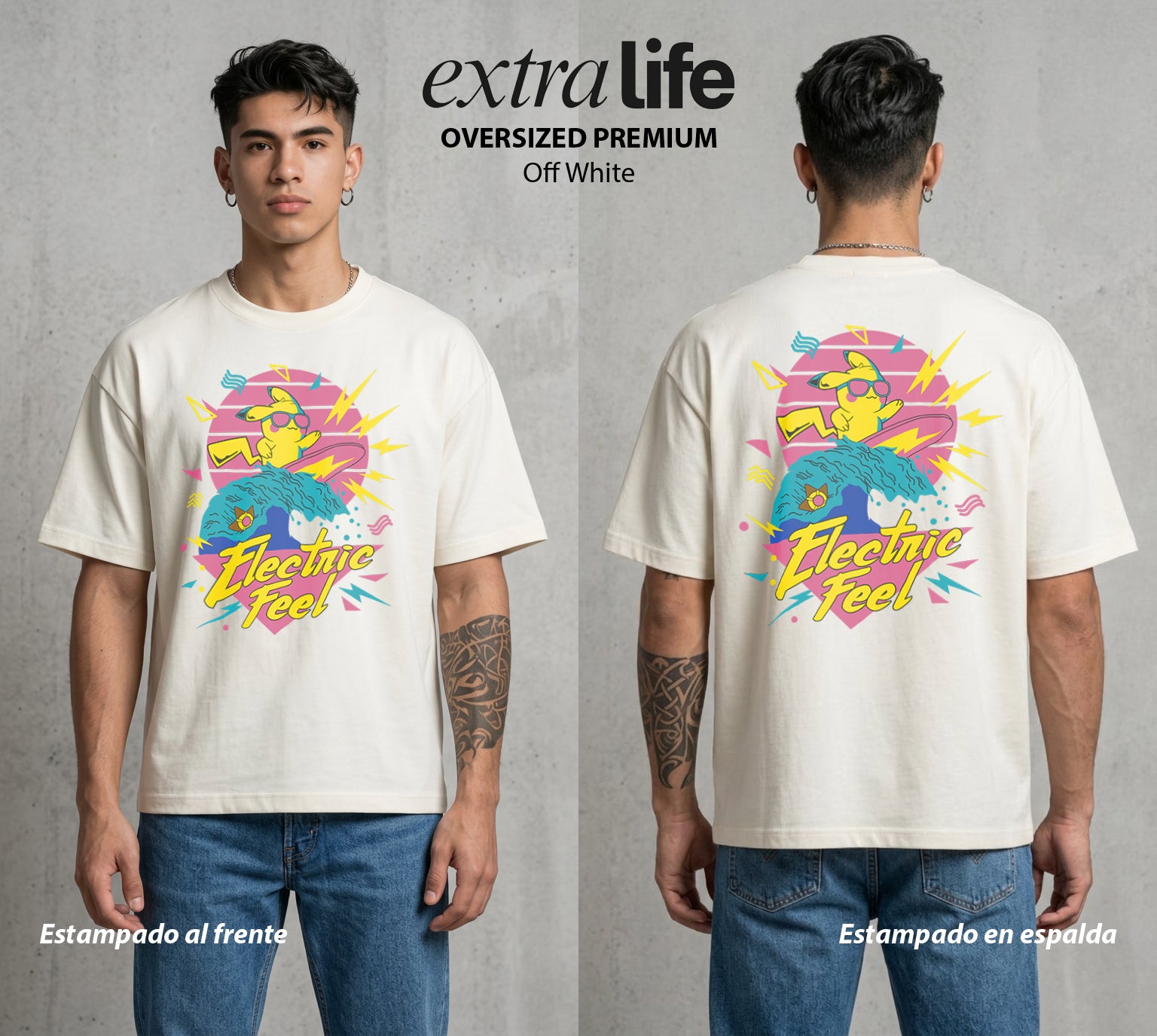 El Mundo Entrenador | El Rayo de Kanto Electrico #03536 - Playera Oversized Premium | Off White - Foto en modelo