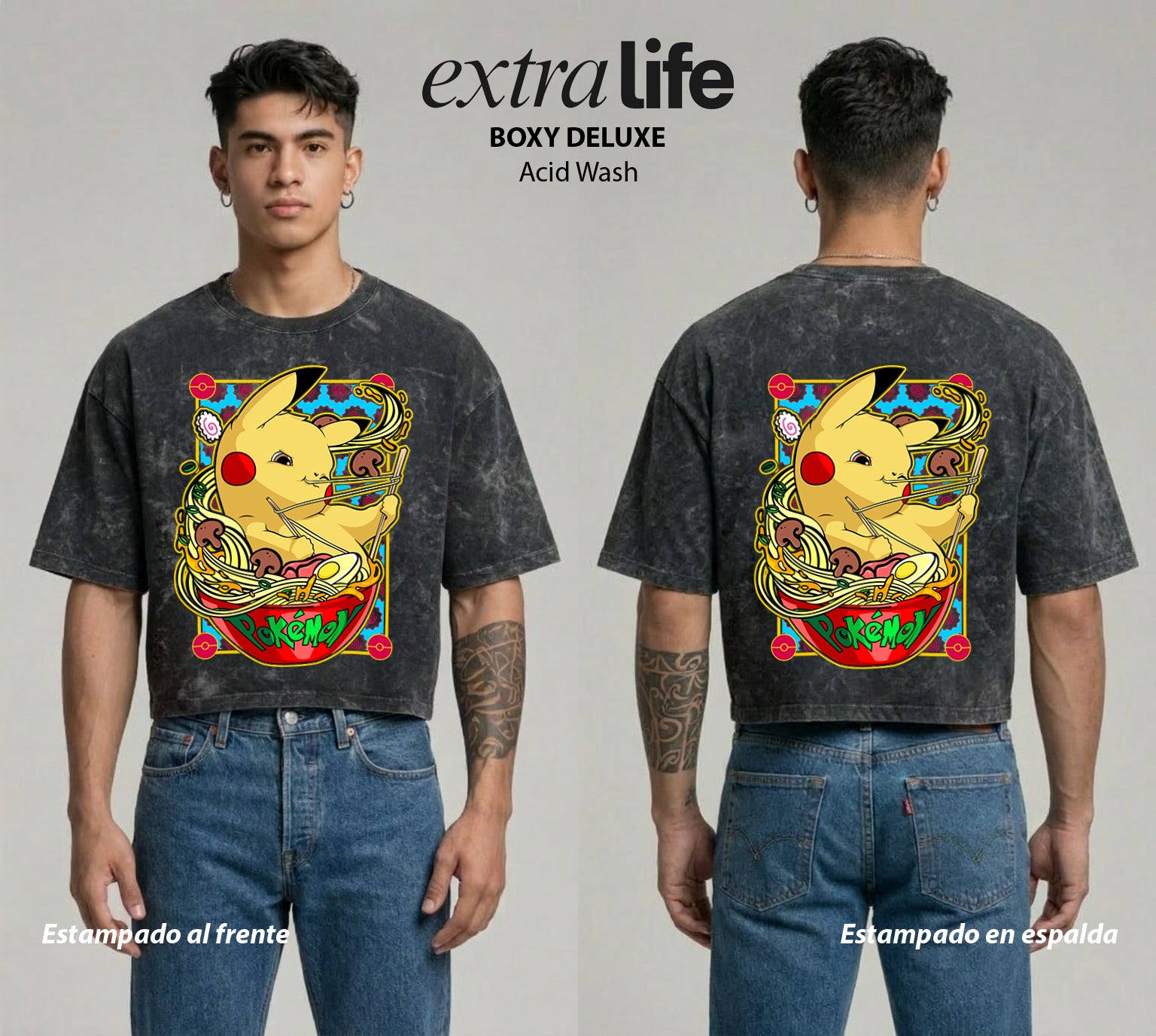 Playera streetwear premium de anime y gaming ExtraLife MX, corte boxy deluxe mineral wash heavyweight en color Acid Wash, moda urbana mexicana de culto.