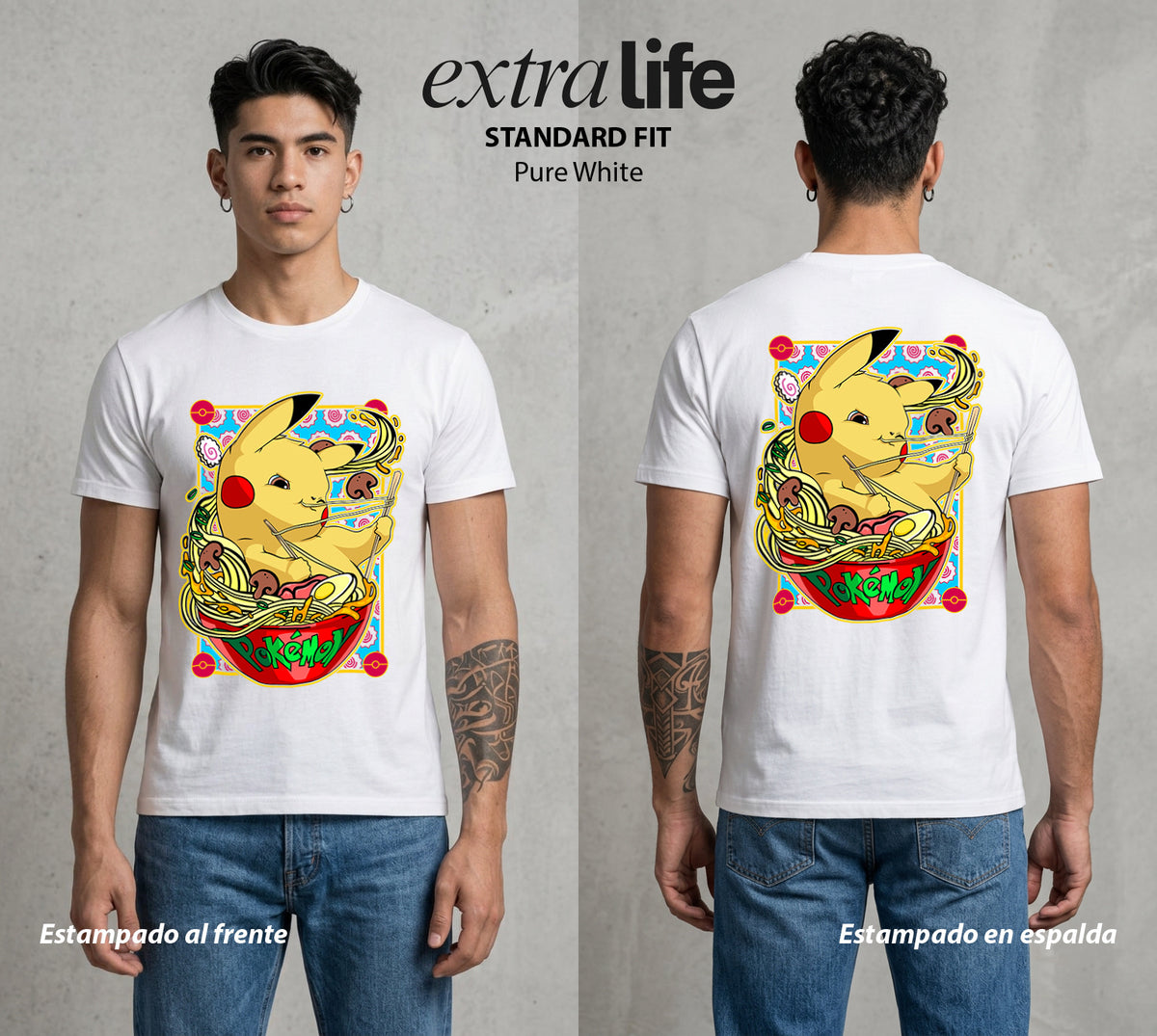 El Mundo Entrenador | El Rayo de Kanto con Ramen #03539 - Playera Classic Premium | Pure White - Foto en modelo