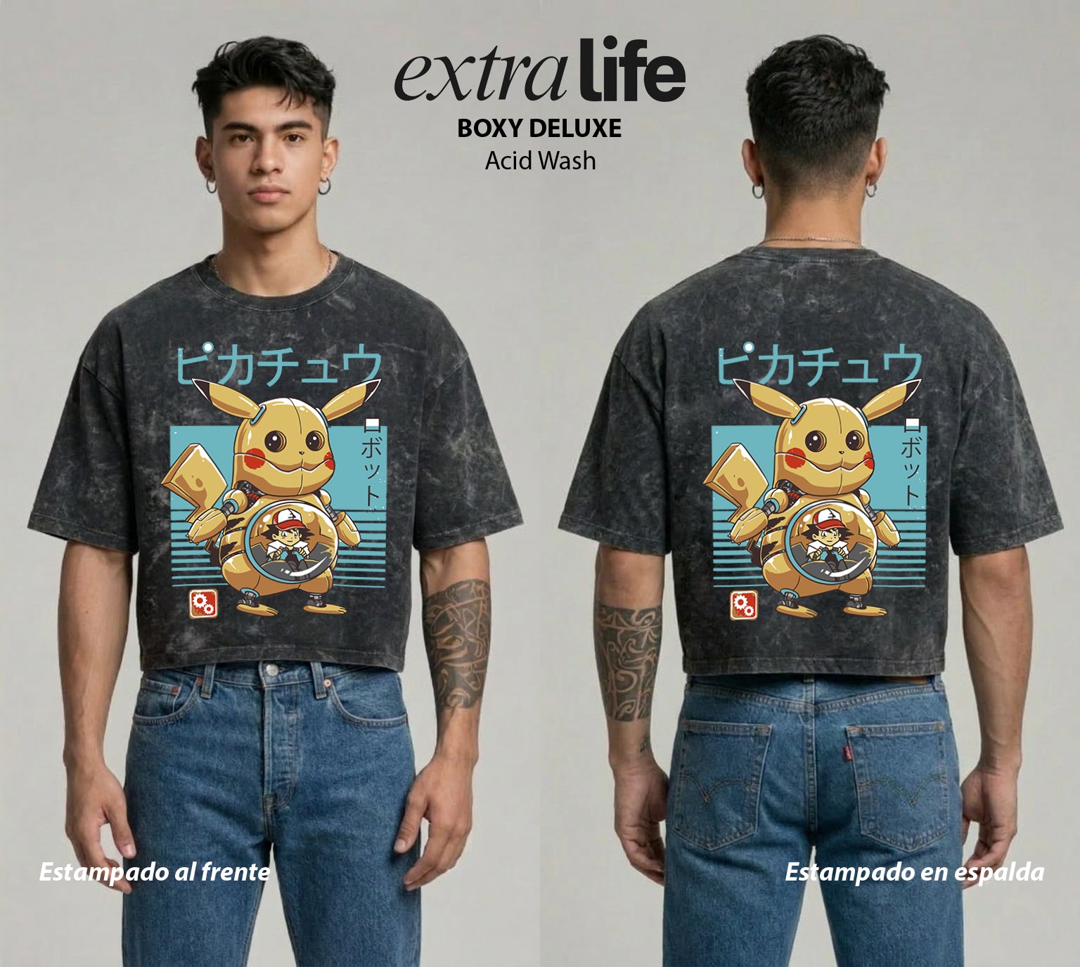 Playera streetwear premium de anime y gaming ExtraLife MX, corte boxy deluxe mineral wash heavyweight en color Acid Wash, moda urbana mexicana de culto.