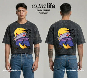 Playera streetwear premium de anime y gaming ExtraLife MX, corte boxy deluxe mineral wash heavyweight en color Acid Wash, moda urbana mexicana de culto.