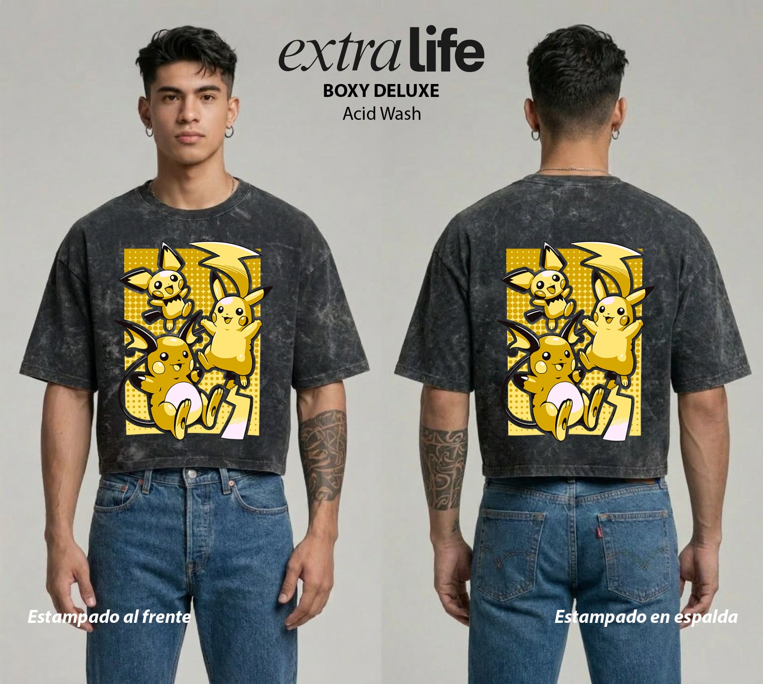 Playera streetwear premium de anime y gaming ExtraLife MX, corte boxy deluxe mineral wash heavyweight en color Acid Wash, moda urbana mexicana de culto.