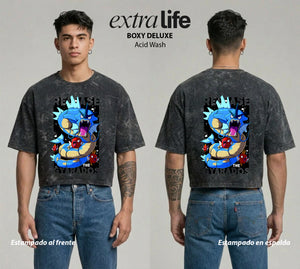 Playera streetwear premium de anime y gaming ExtraLife MX, corte boxy deluxe mineral wash heavyweight en color Acid Wash, moda urbana mexicana de culto.