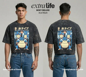 Playera streetwear premium de anime y gaming ExtraLife MX, corte boxy deluxe mineral wash heavyweight en color Acid Wash, moda urbana mexicana de culto.