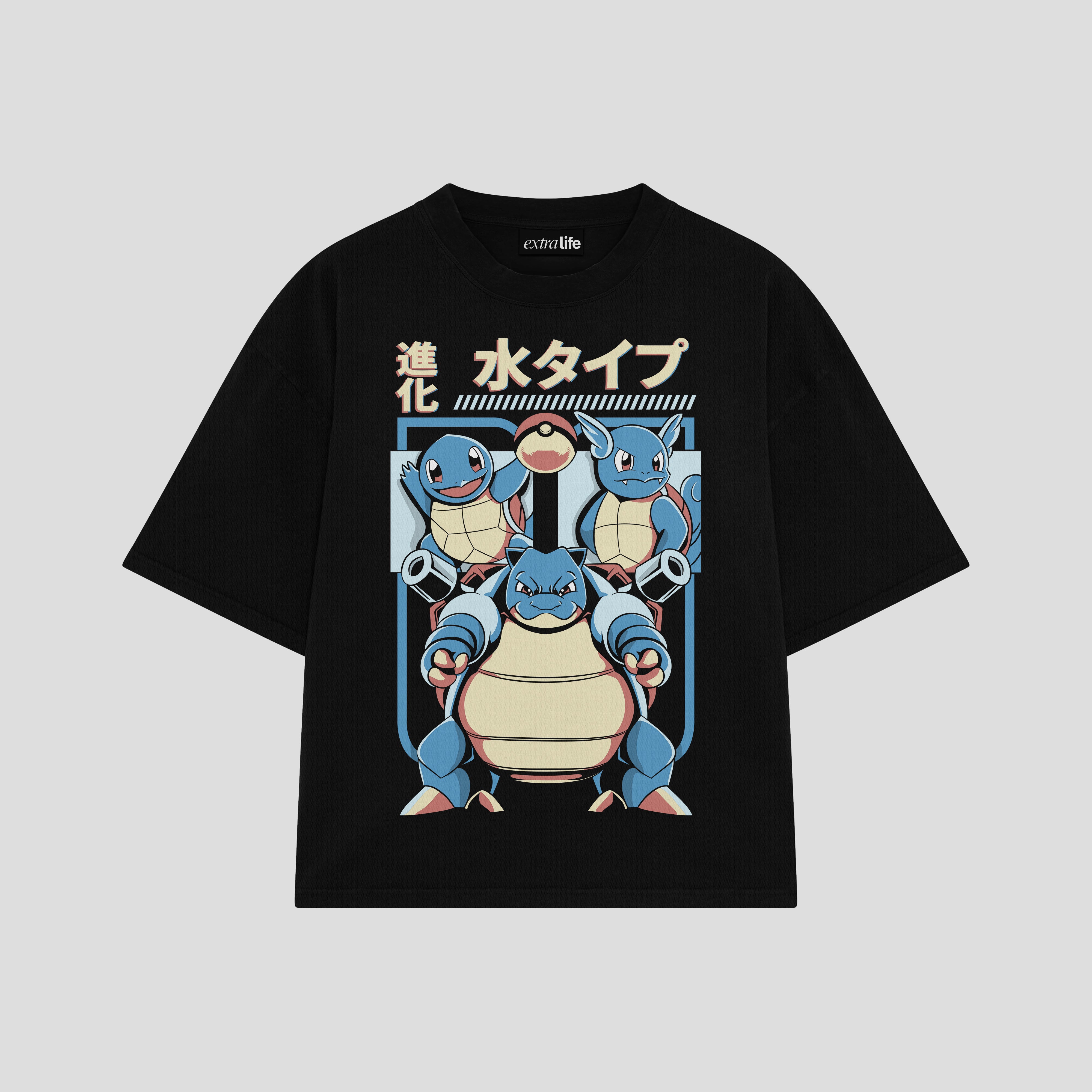 Playera streetwear premium de anime y gaming ExtraLife MX, corte boxy oversized drop shoulder heavyweight en color Deep Black y Off-White, moda urbana mexicana de culto.