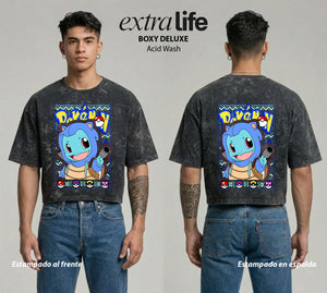 Playera streetwear premium de anime y gaming ExtraLife MX, corte boxy deluxe mineral wash heavyweight en color Acid Wash, moda urbana mexicana de culto.