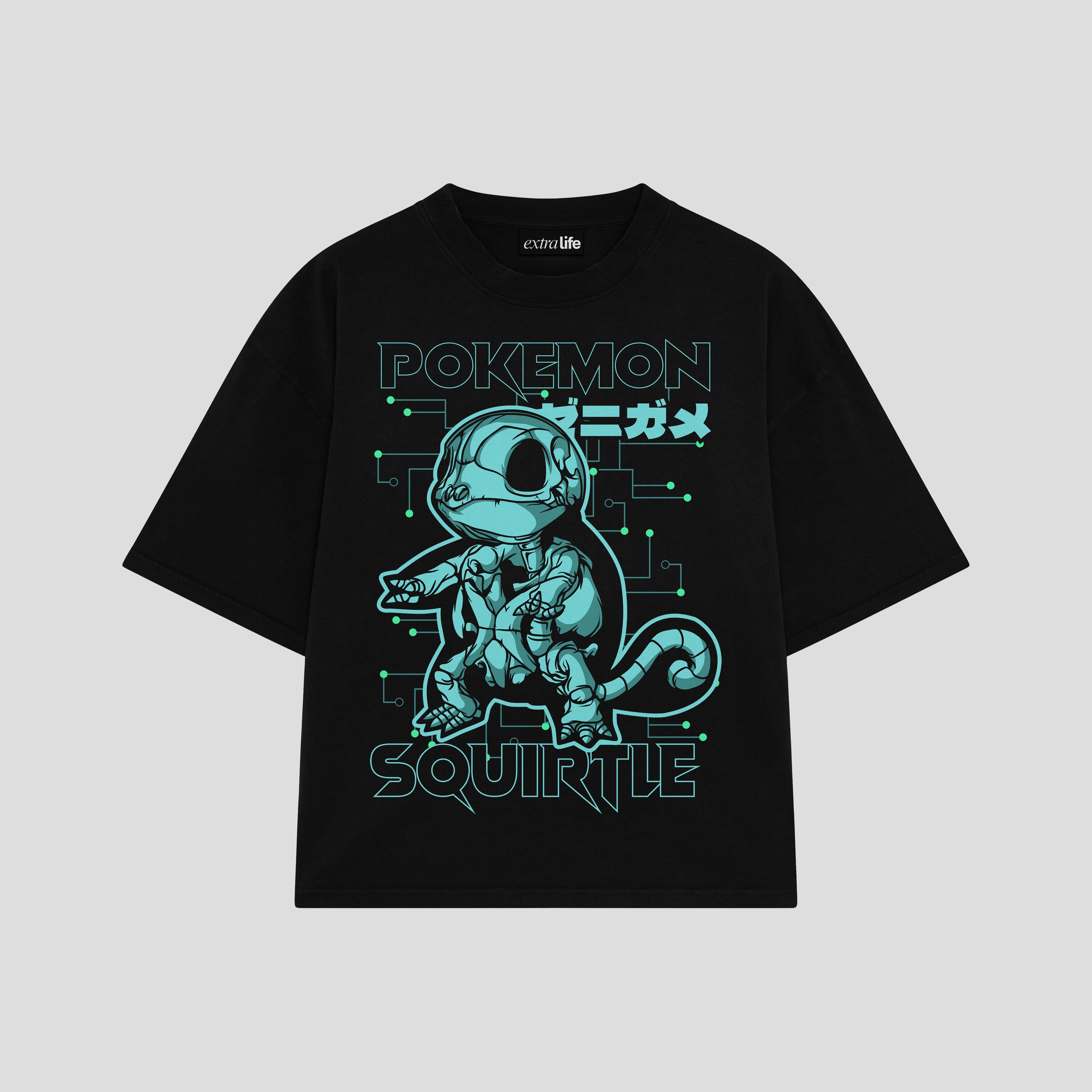Playera streetwear premium de anime y gaming ExtraLife MX, corte boxy oversized drop shoulder heavyweight en color Deep Black y Off-White, moda urbana mexicana de culto.