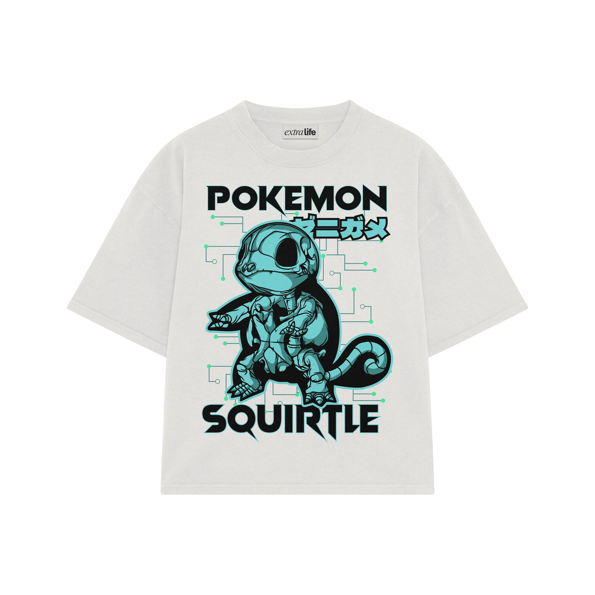 Playera streetwear premium de anime y gaming ExtraLife MX, corte oversized drop shoulder ligero y fresco en color Deep Black y Off-White, moda urbana mexicana de culto.