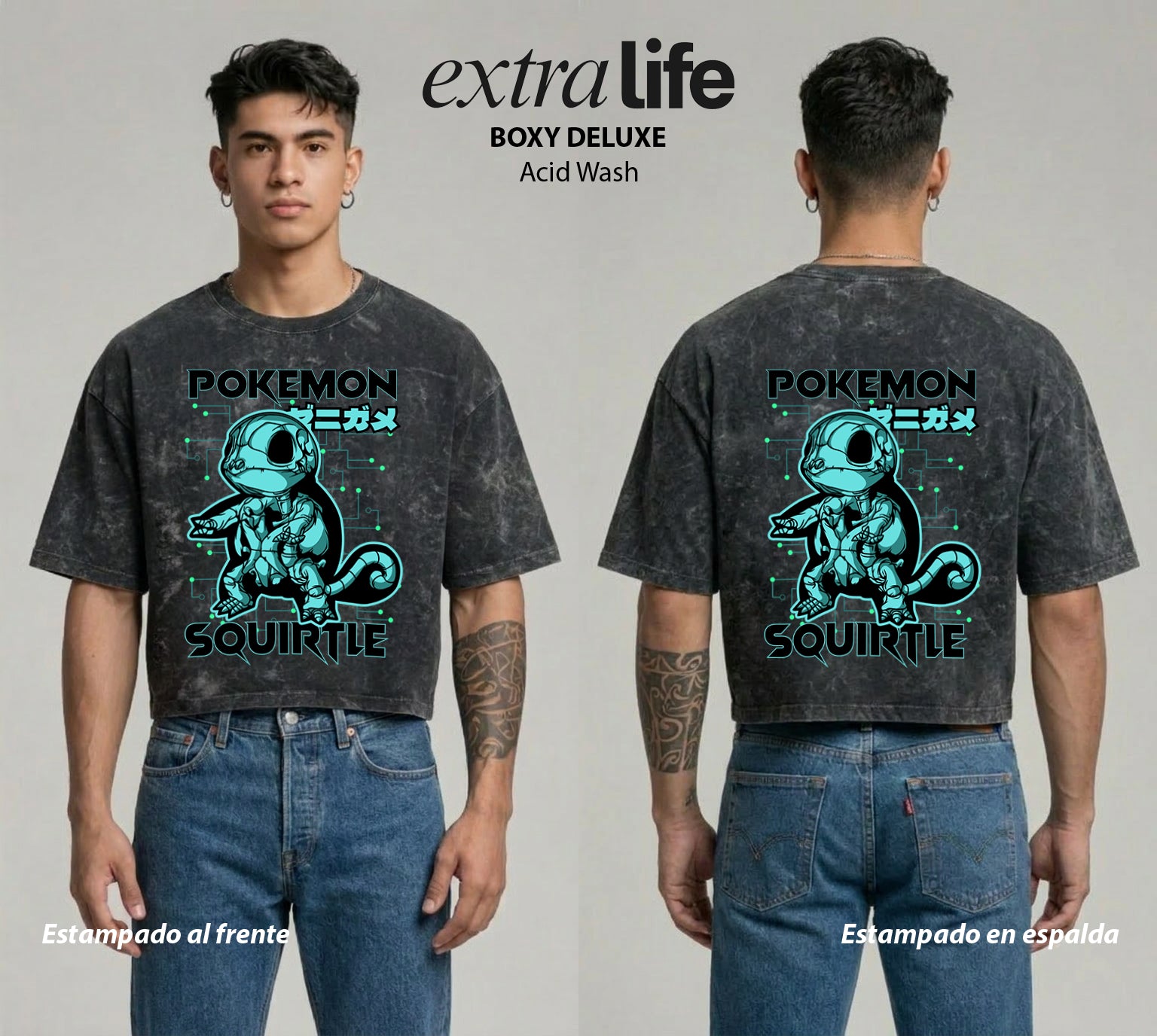 Playera streetwear premium de anime y gaming ExtraLife MX, corte boxy deluxe mineral wash heavyweight en color Acid Wash, moda urbana mexicana de culto.