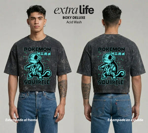 Playera streetwear premium de anime y gaming ExtraLife MX, corte boxy deluxe mineral wash heavyweight en color Acid Wash, moda urbana mexicana de culto.