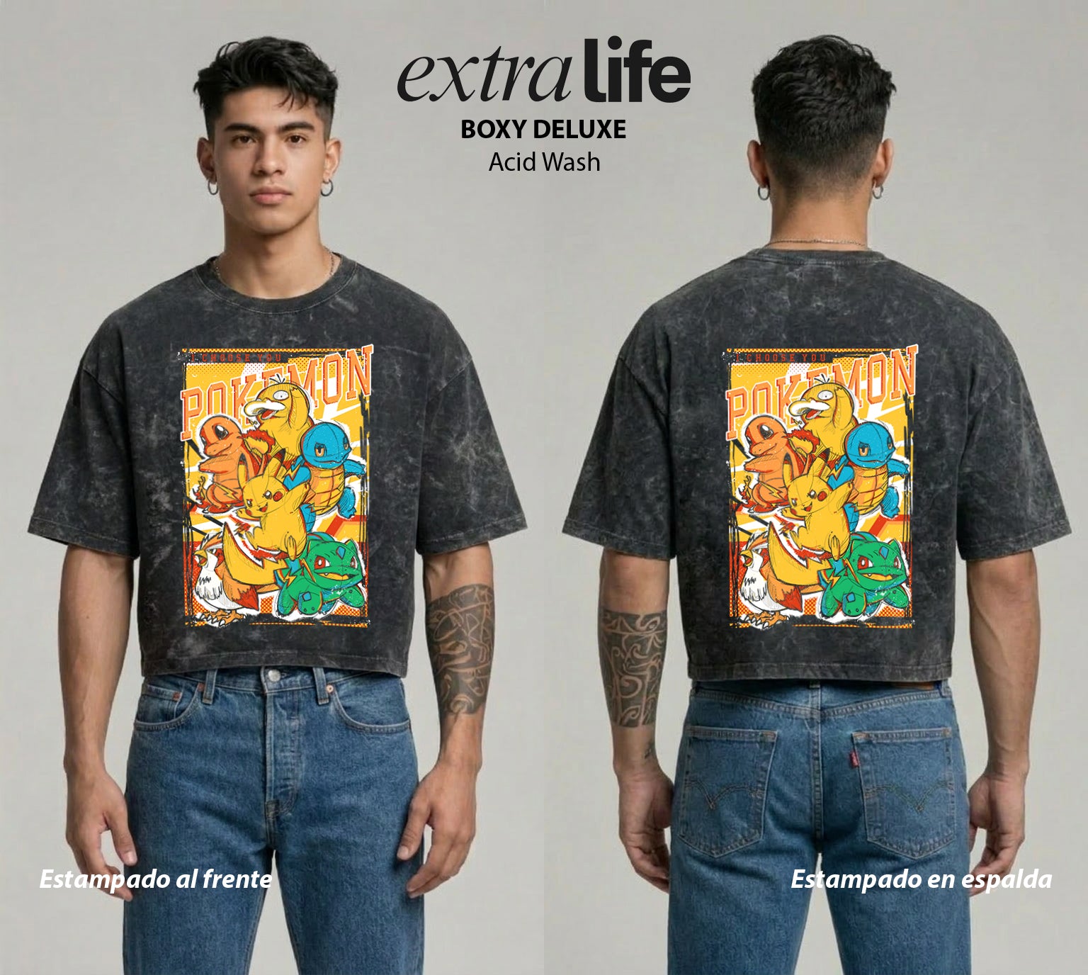 Playera streetwear premium de anime y gaming ExtraLife MX, corte boxy deluxe mineral wash heavyweight en color Acid Wash, moda urbana mexicana de culto.