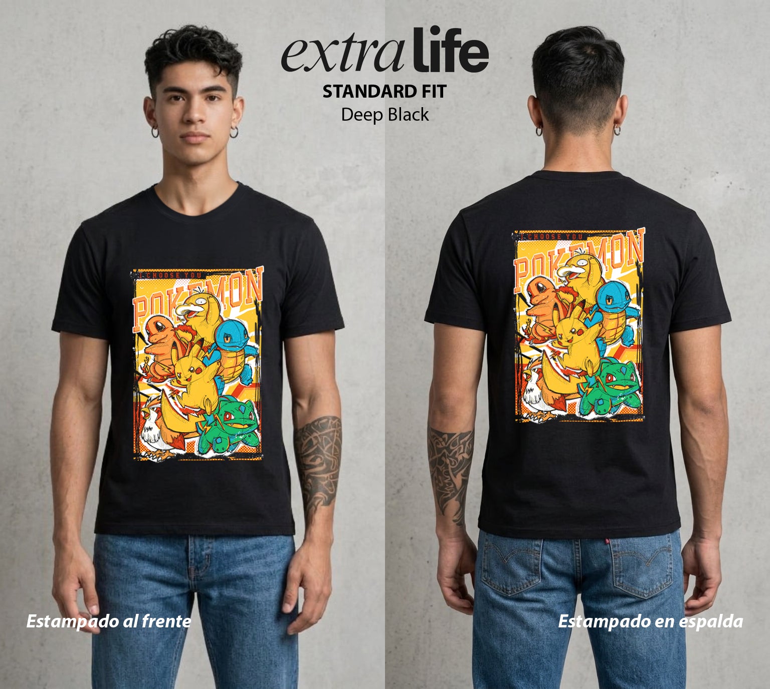 El Mundo Entrenador | Los Tres del Inicio #03562 - Playera Standard Fit | Deep Black - Foto en modelo
