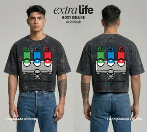 Playera streetwear premium de anime y gaming ExtraLife MX, corte boxy deluxe mineral wash heavyweight en color Acid Wash, moda urbana mexicana de culto.