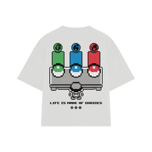 Playera streetwear premium de anime y gaming ExtraLife MX, corte boxy oversized drop shoulder heavyweight en color Deep Black y Off-White, moda urbana mexicana de culto.