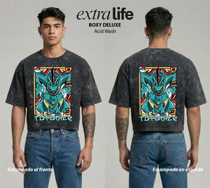 Playera streetwear premium de anime y gaming ExtraLife MX, corte boxy deluxe mineral wash heavyweight en color Acid Wash, moda urbana mexicana de culto.