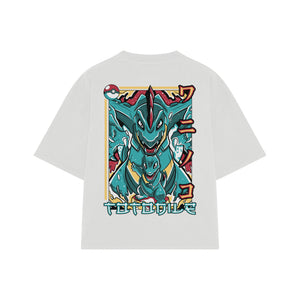 Playera streetwear premium de anime y gaming ExtraLife MX, corte boxy oversized drop shoulder heavyweight en color Deep Black y Off-White, moda urbana mexicana de culto.