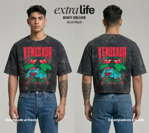 Playera streetwear premium de anime y gaming ExtraLife MX, corte boxy deluxe mineral wash heavyweight en color Acid Wash, moda urbana mexicana de culto.