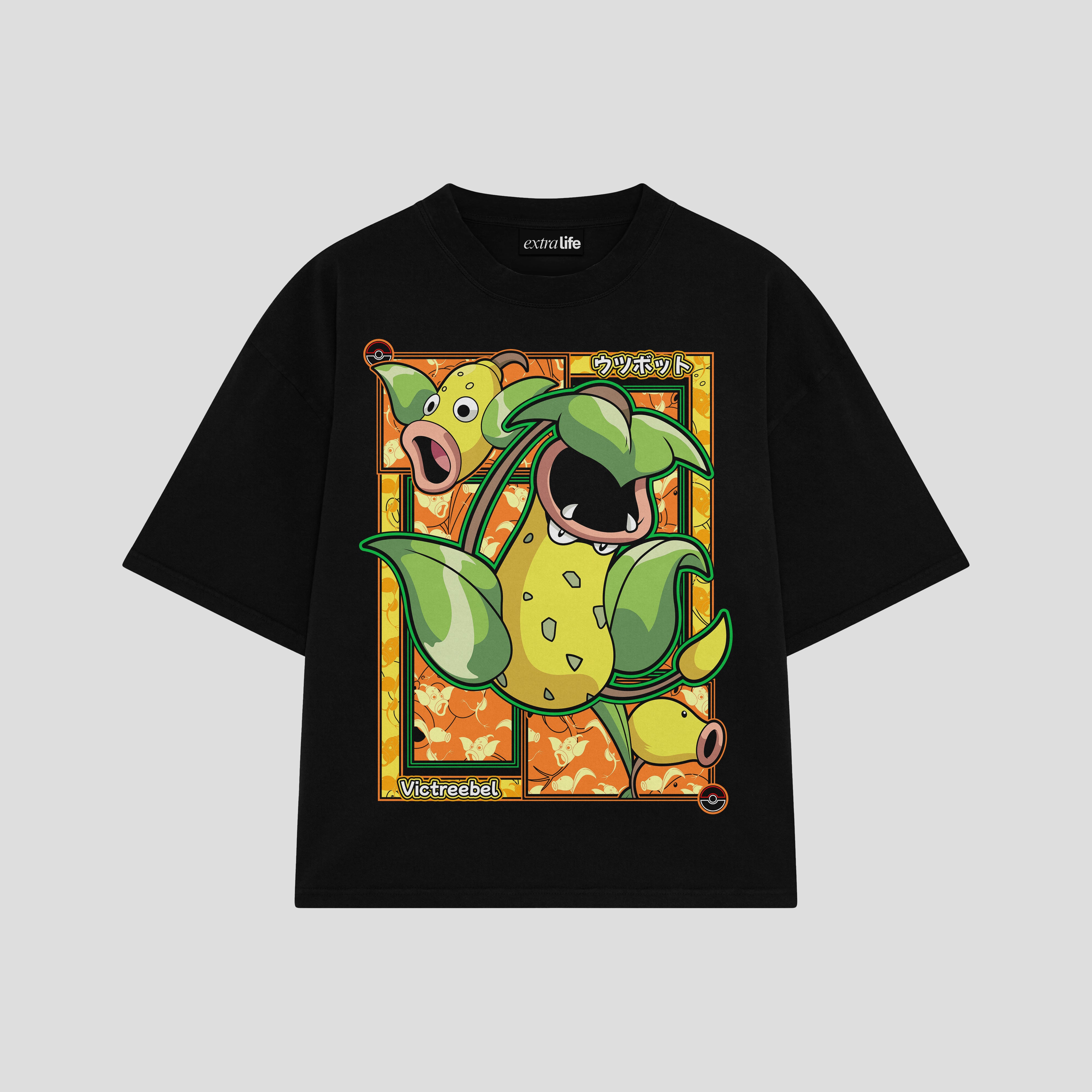 Playera streetwear premium de anime y gaming ExtraLife MX, corte boxy oversized drop shoulder heavyweight en color Deep Black y Off-White, moda urbana mexicana de culto.