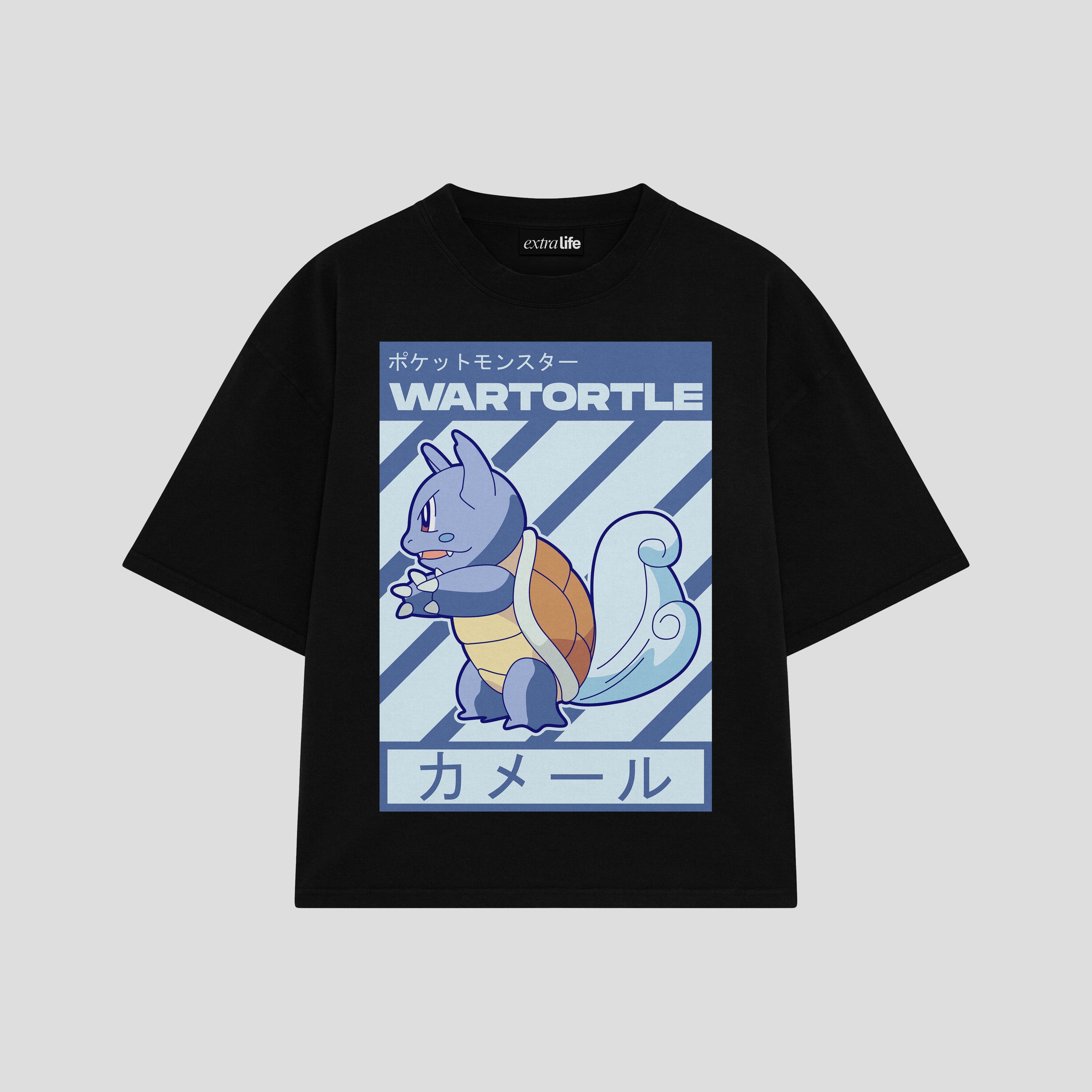 Playera streetwear premium de anime y gaming ExtraLife MX, corte boxy oversized drop shoulder heavyweight en color Deep Black y Off-White, moda urbana mexicana de culto.