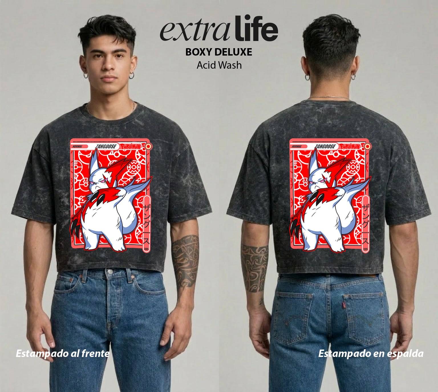 Playera streetwear premium de anime y gaming ExtraLife MX, corte boxy deluxe mineral wash heavyweight en color Acid Wash, moda urbana mexicana de culto.