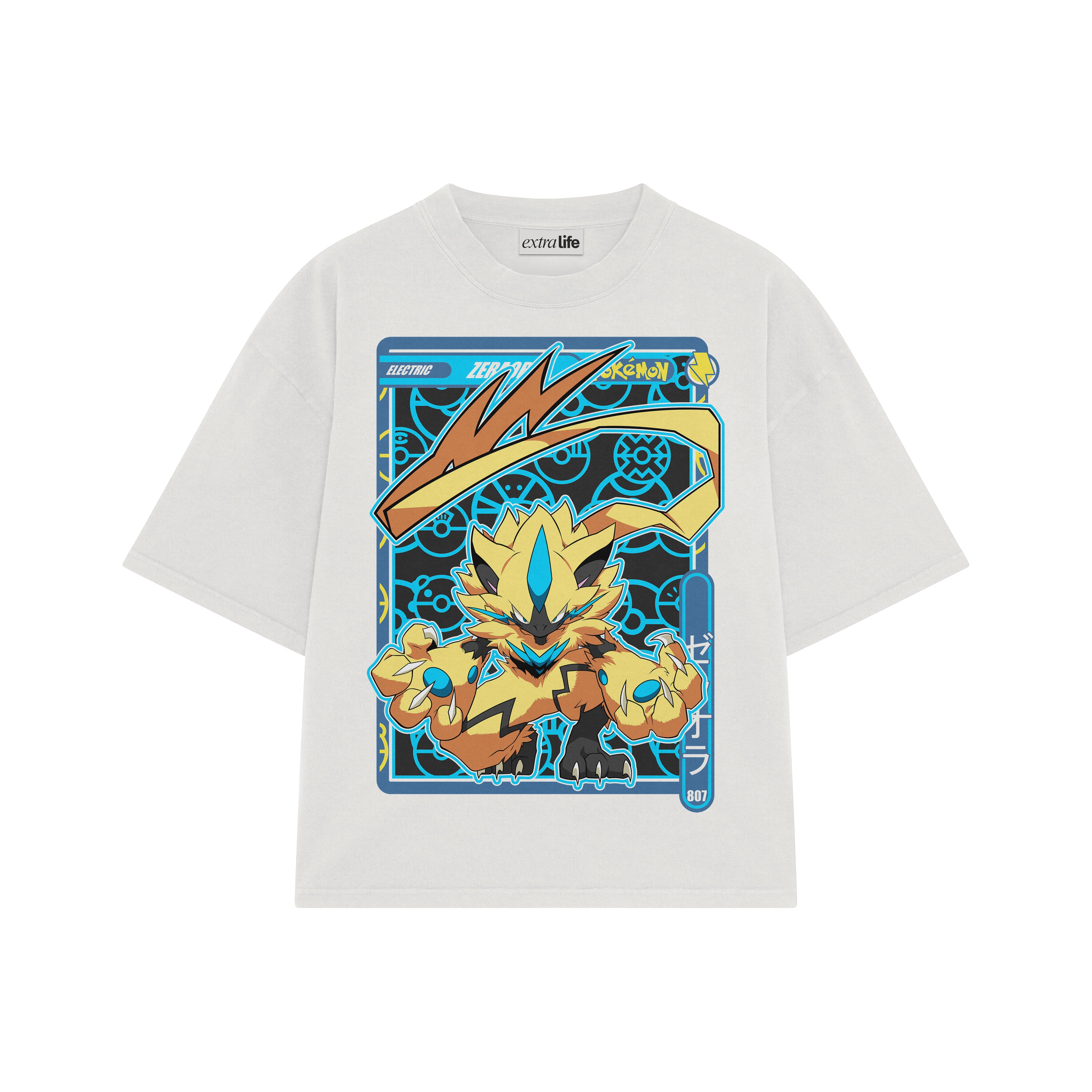 Playera streetwear premium de anime y gaming ExtraLife MX, corte boxy oversized drop shoulder heavyweight en color Deep Black y Off-White, moda urbana mexicana de culto.