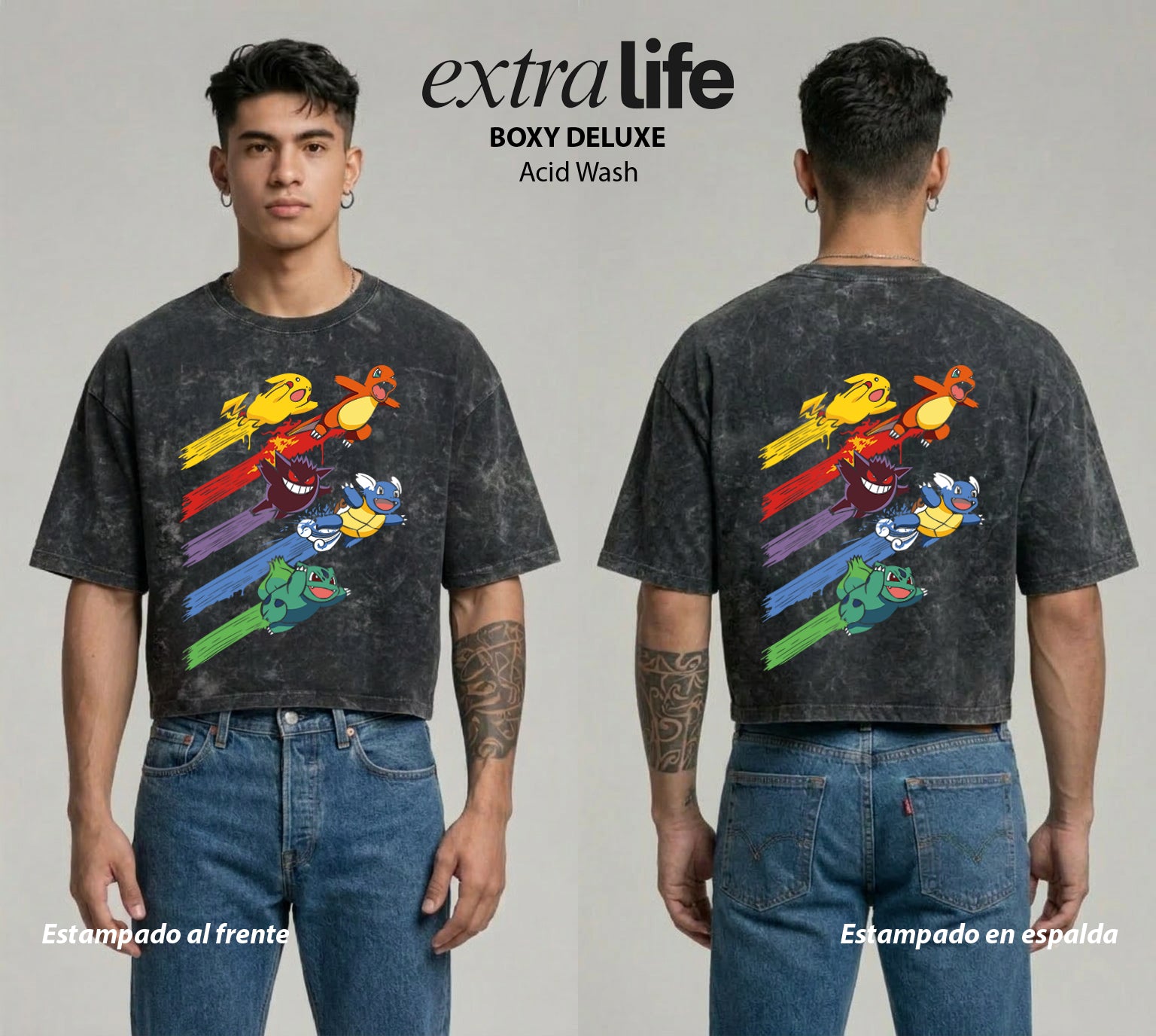 Playera streetwear premium de anime y gaming ExtraLife MX, corte boxy deluxe mineral wash heavyweight en color Acid Wash, moda urbana mexicana de culto.