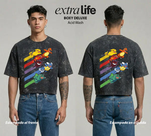 Playera streetwear premium de anime y gaming ExtraLife MX, corte boxy deluxe mineral wash heavyweight en color Acid Wash, moda urbana mexicana de culto.
