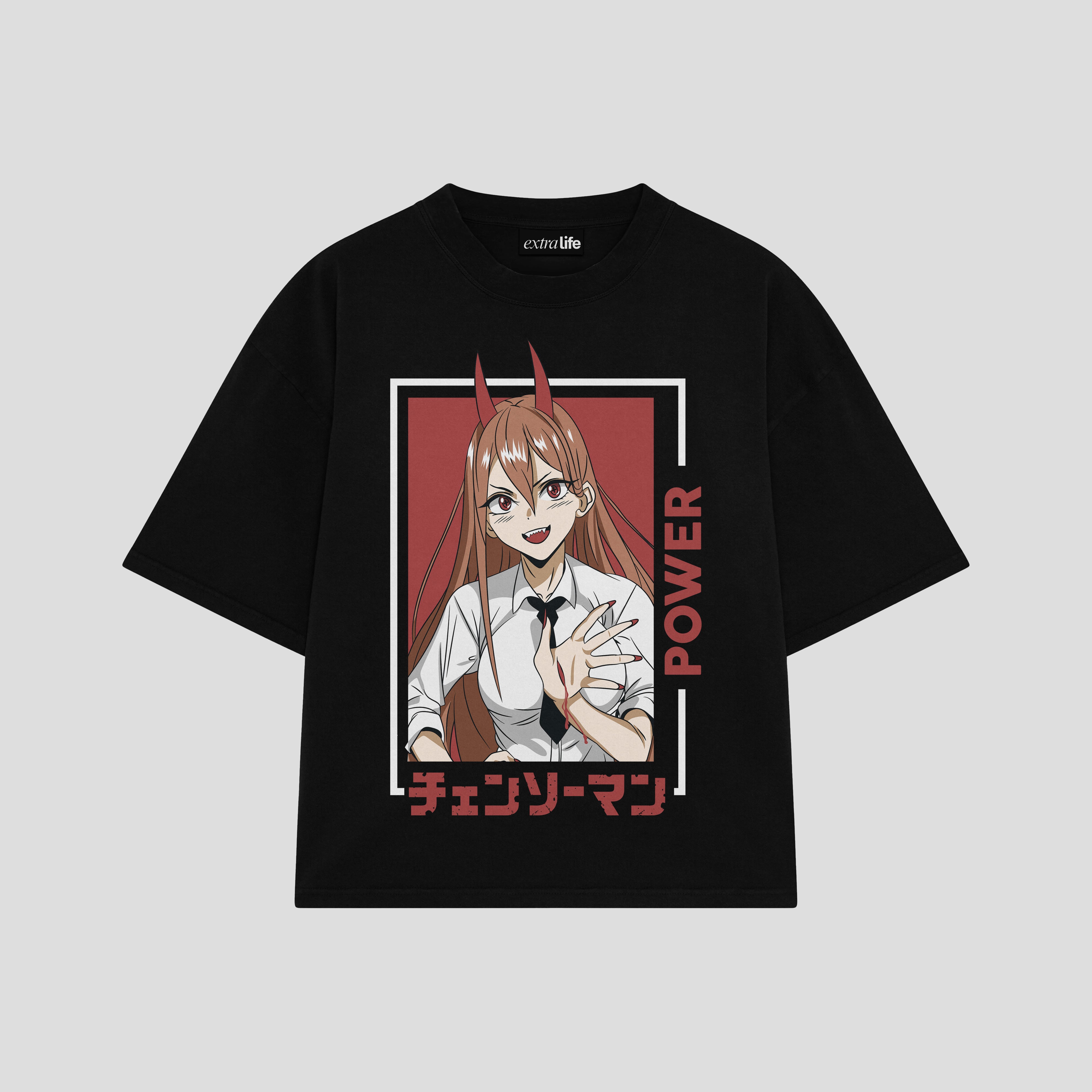 Playera streetwear premium de anime y gaming ExtraLife MX, corte boxy oversized drop shoulder heavyweight en color Deep Black y Off-White, moda urbana mexicana de culto.