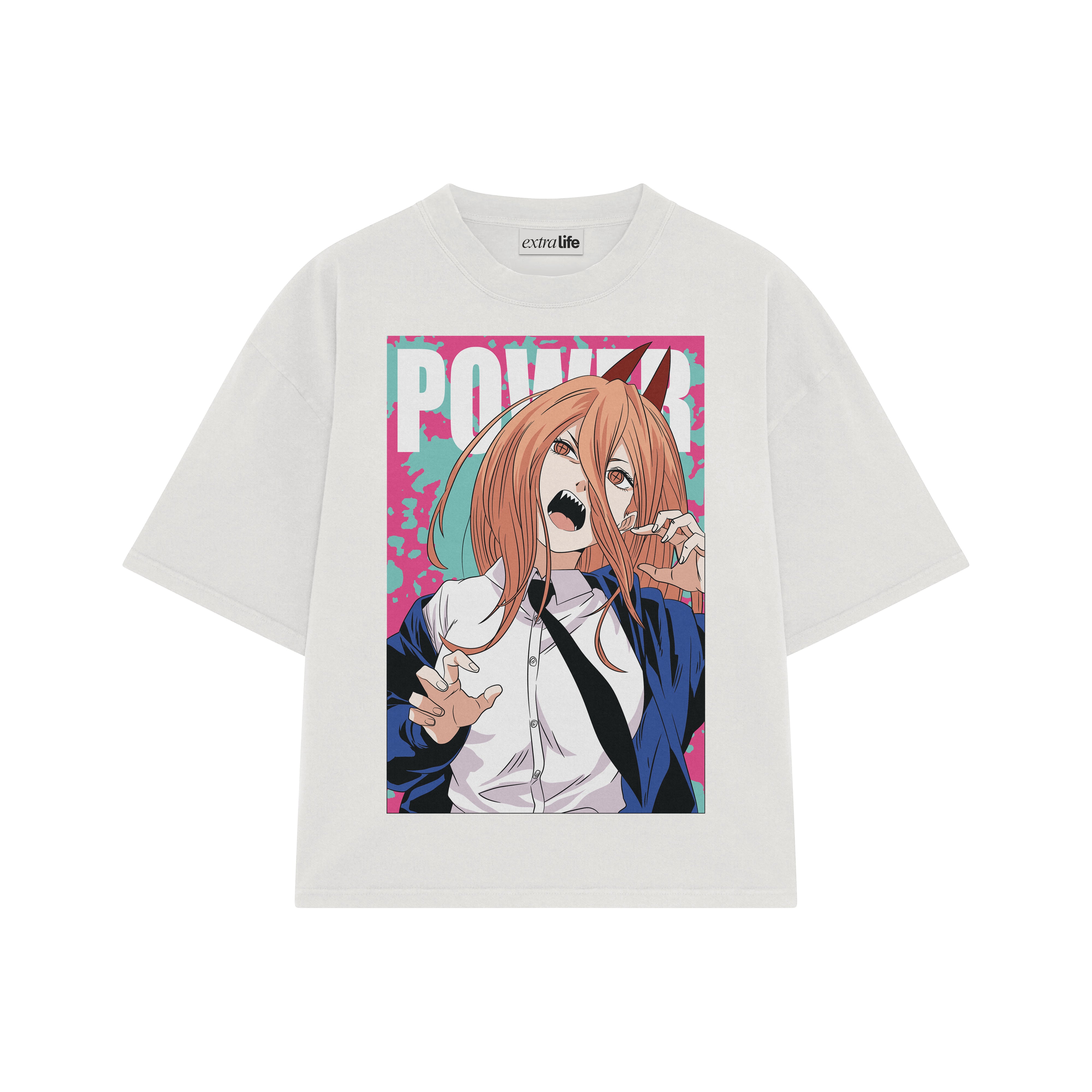 Playera streetwear premium de anime y gaming ExtraLife MX, corte boxy oversized drop shoulder heavyweight en color Deep Black y Off-White, moda urbana mexicana de culto.