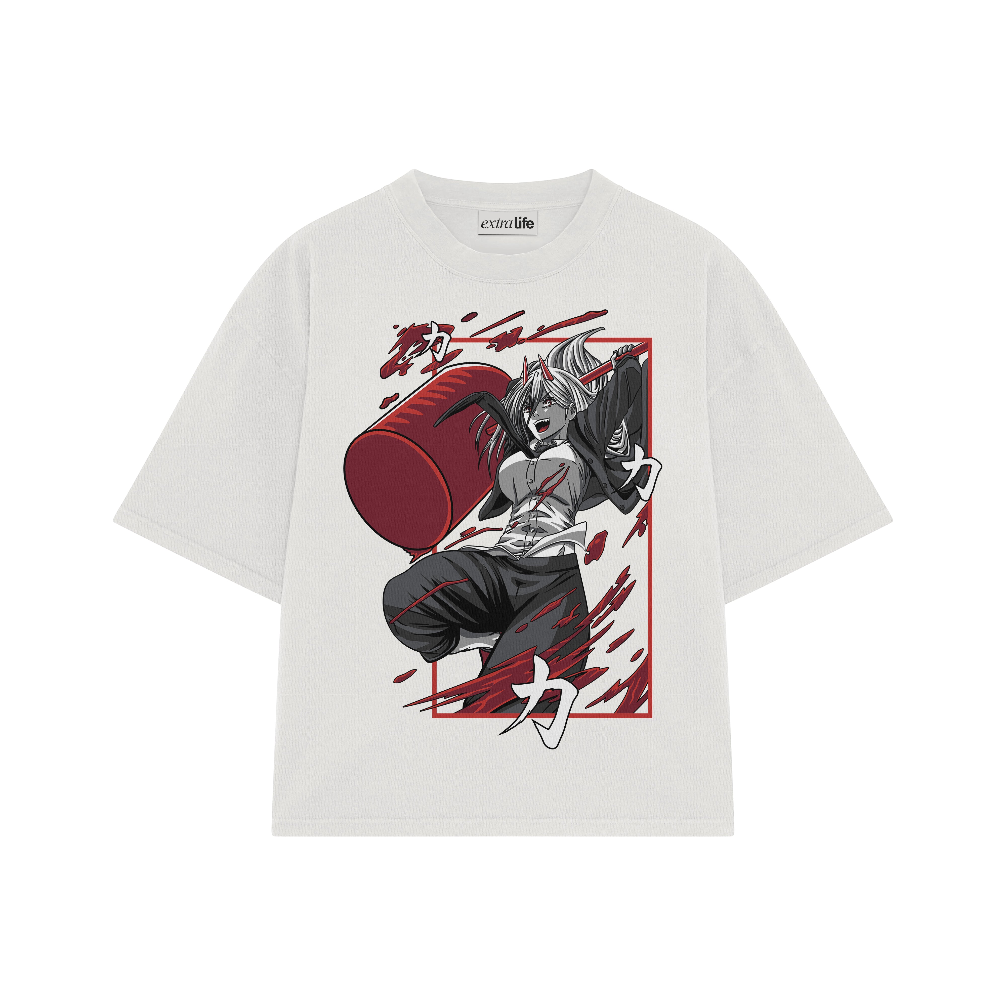 Playera streetwear premium de anime y gaming ExtraLife MX, corte boxy oversized drop shoulder heavyweight en color Deep Black y Off-White, moda urbana mexicana de culto.