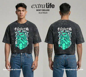 Playera streetwear premium de anime y gaming ExtraLife MX, corte boxy deluxe mineral wash heavyweight en color Acid Wash, moda urbana mexicana de culto.