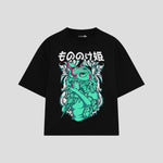 Playera streetwear premium de anime y gaming ExtraLife MX, corte boxy oversized drop shoulder heavyweight en color Deep Black y Off-White, moda urbana mexicana de culto.