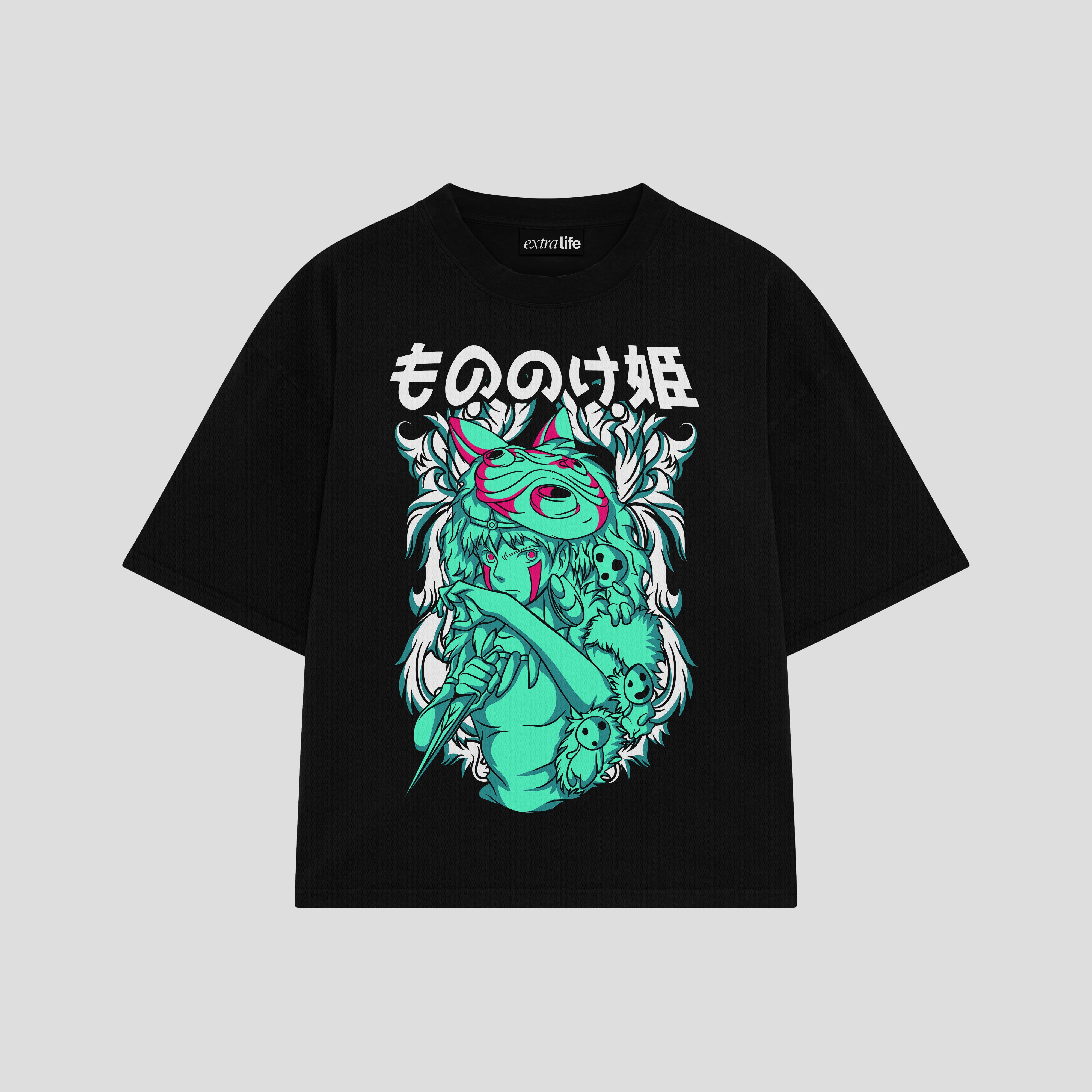 Playera streetwear premium de anime y gaming ExtraLife MX, corte boxy oversized drop shoulder heavyweight en color Deep Black y Off-White, moda urbana mexicana de culto.