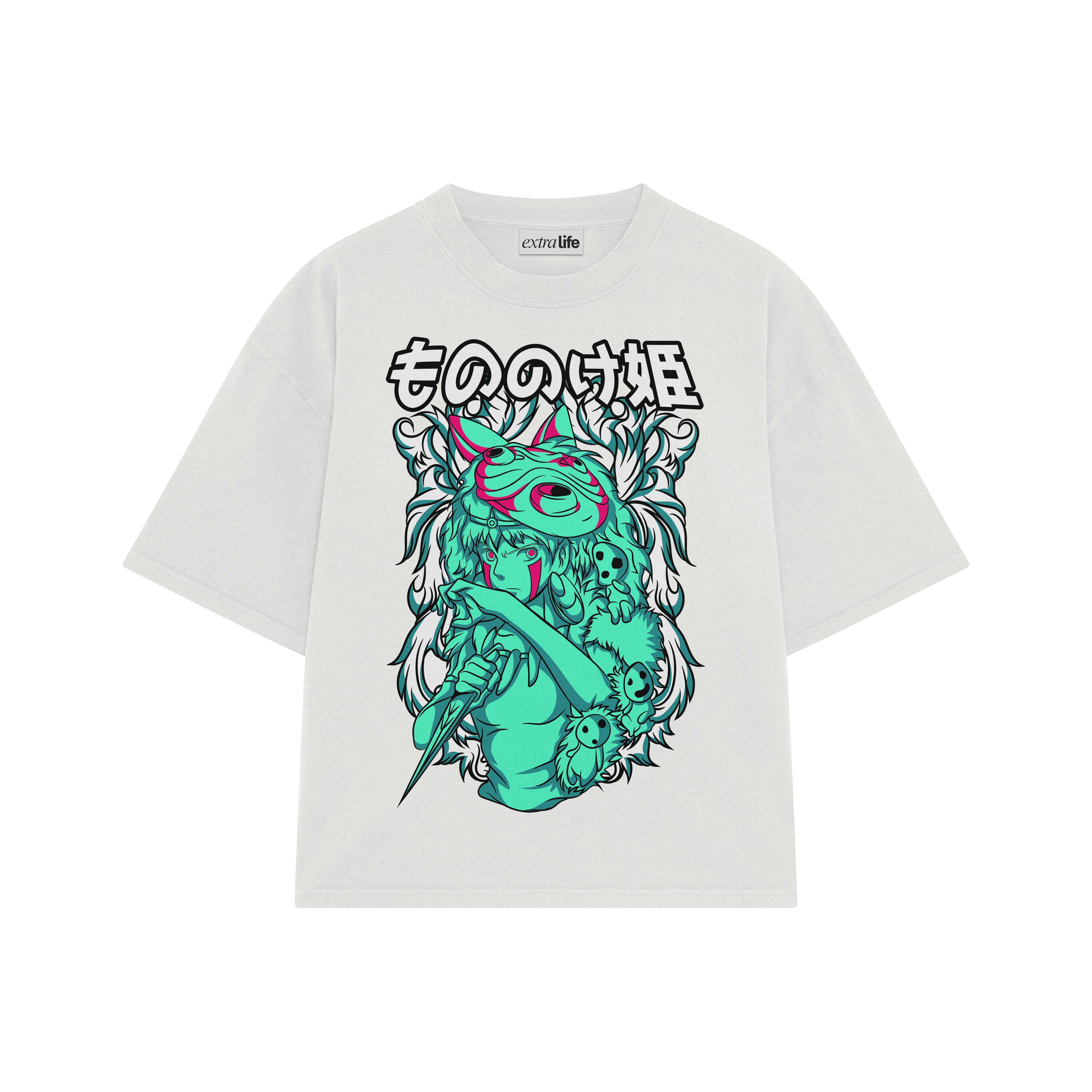 Playera streetwear premium de anime y gaming ExtraLife MX, corte boxy oversized drop shoulder heavyweight en color Deep Black y Off-White, moda urbana mexicana de culto.