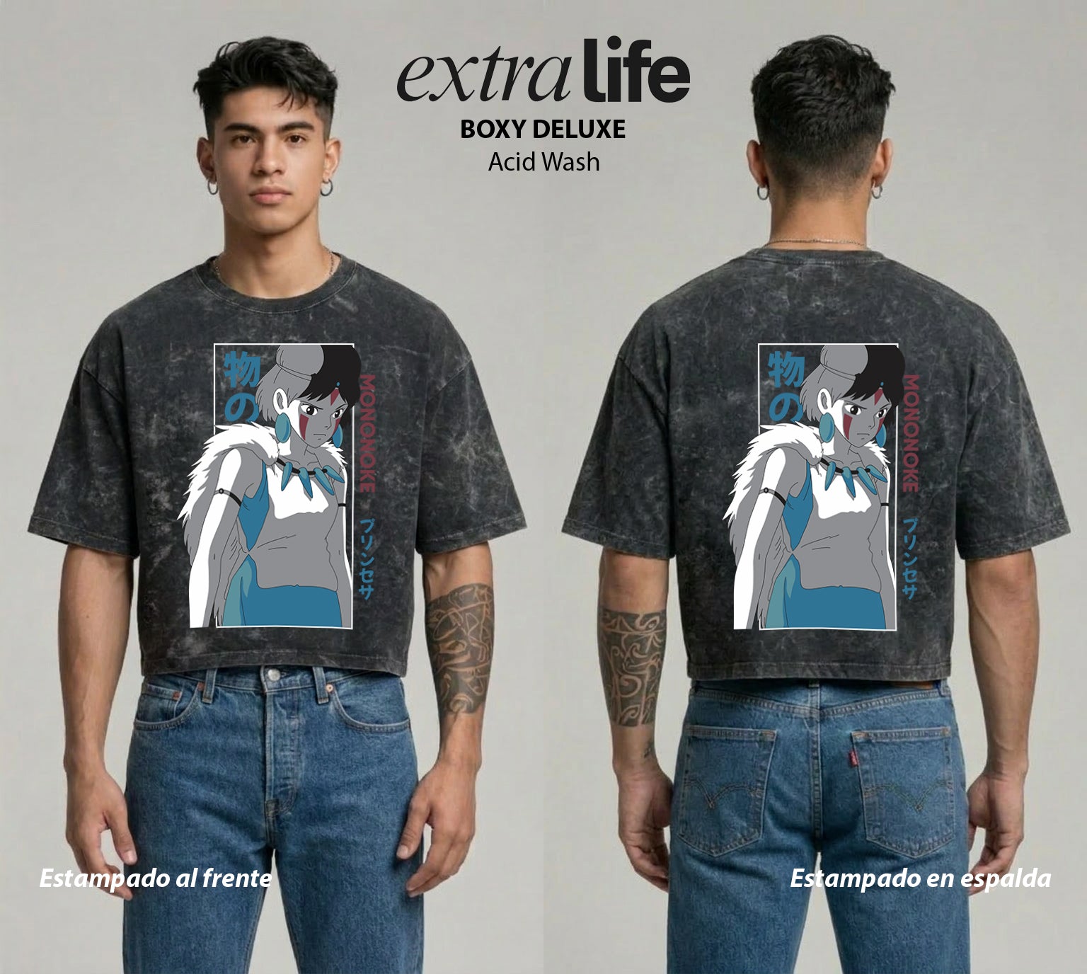 Playera streetwear premium de anime y gaming ExtraLife MX, corte boxy deluxe mineral wash heavyweight en color Acid Wash, moda urbana mexicana de culto.