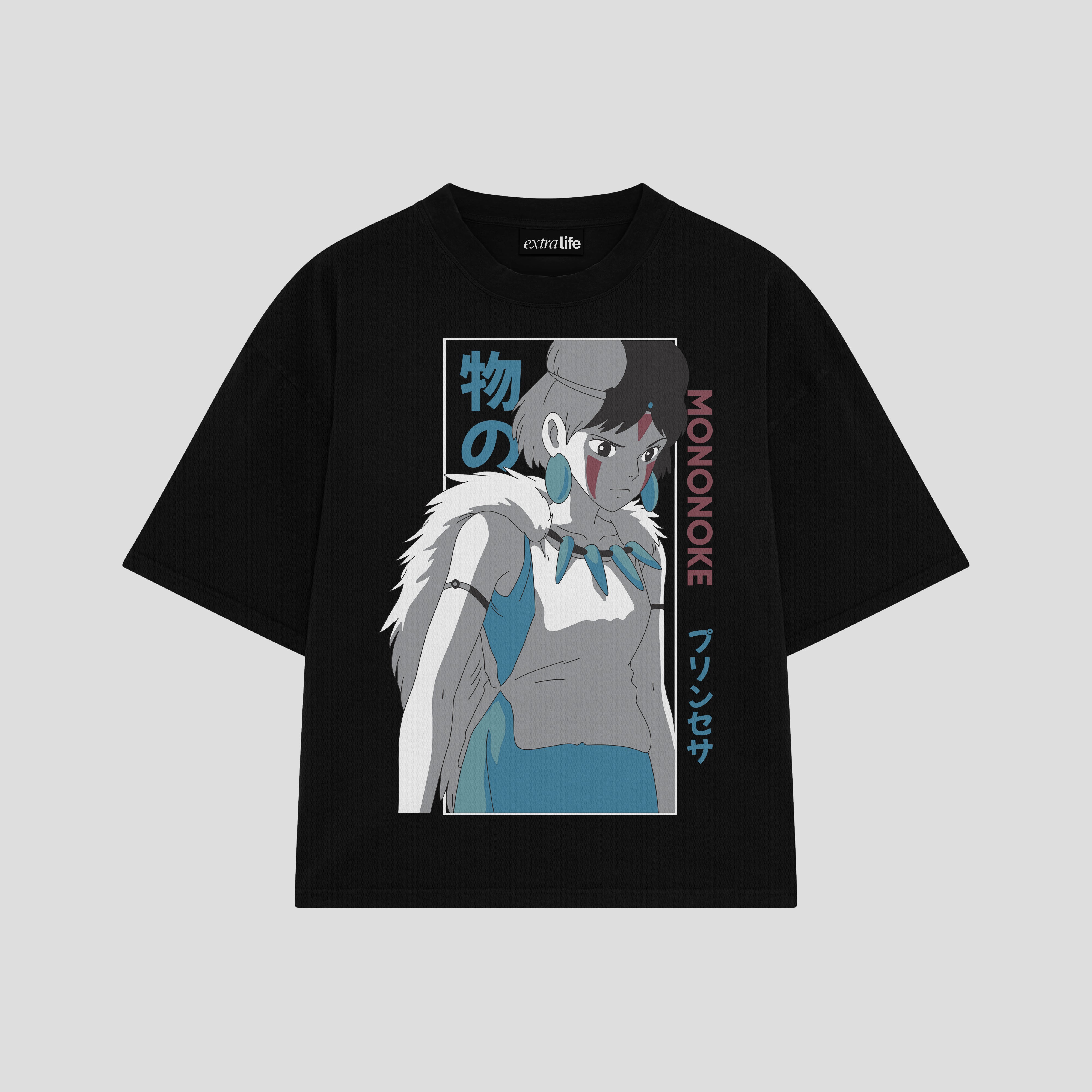 Playera streetwear premium de anime y gaming ExtraLife MX, corte boxy oversized drop shoulder heavyweight en color Deep Black y Off-White, moda urbana mexicana de culto.