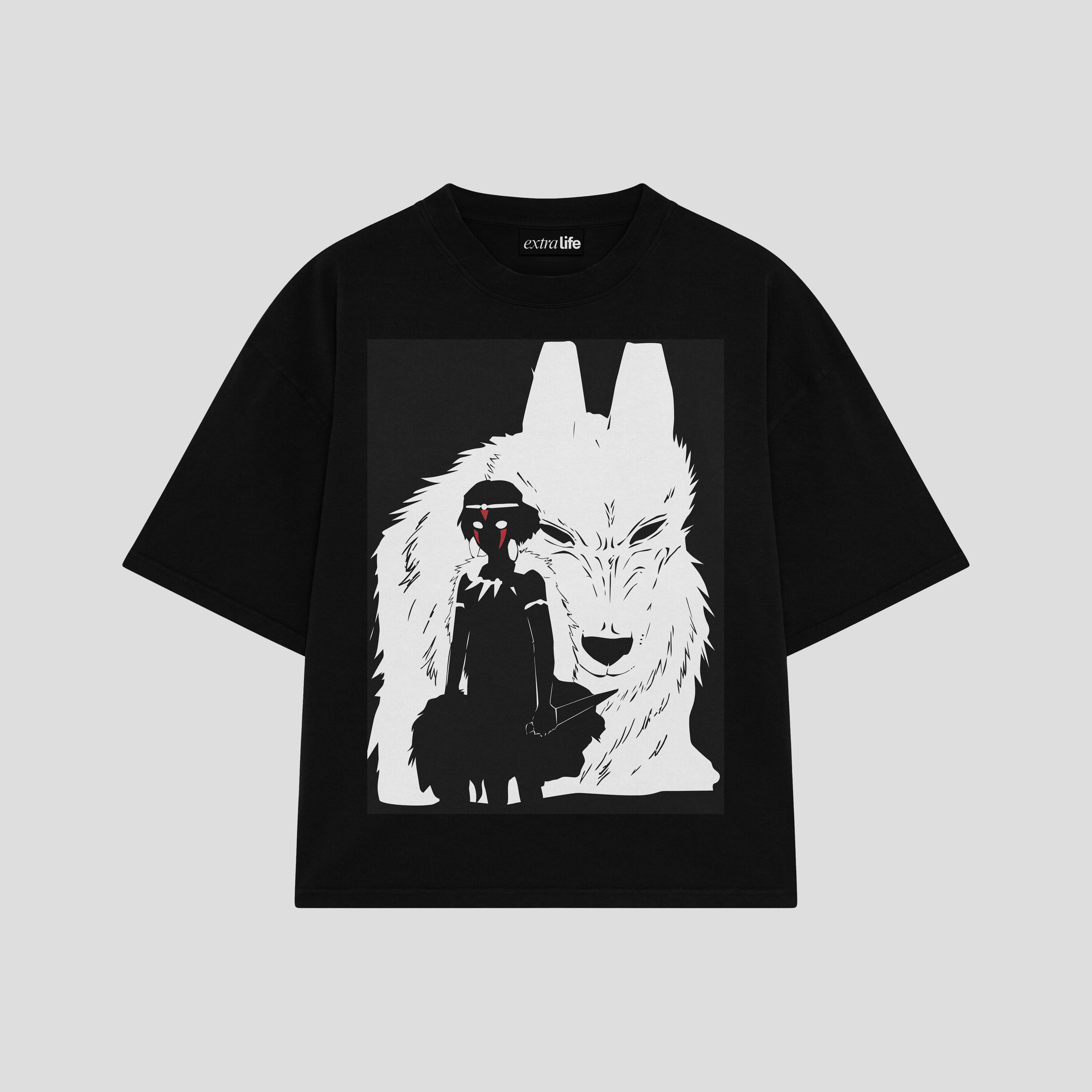 Playera streetwear premium de anime y gaming ExtraLife MX, corte boxy oversized drop shoulder heavyweight en color Deep Black y Off-White, moda urbana mexicana de culto.