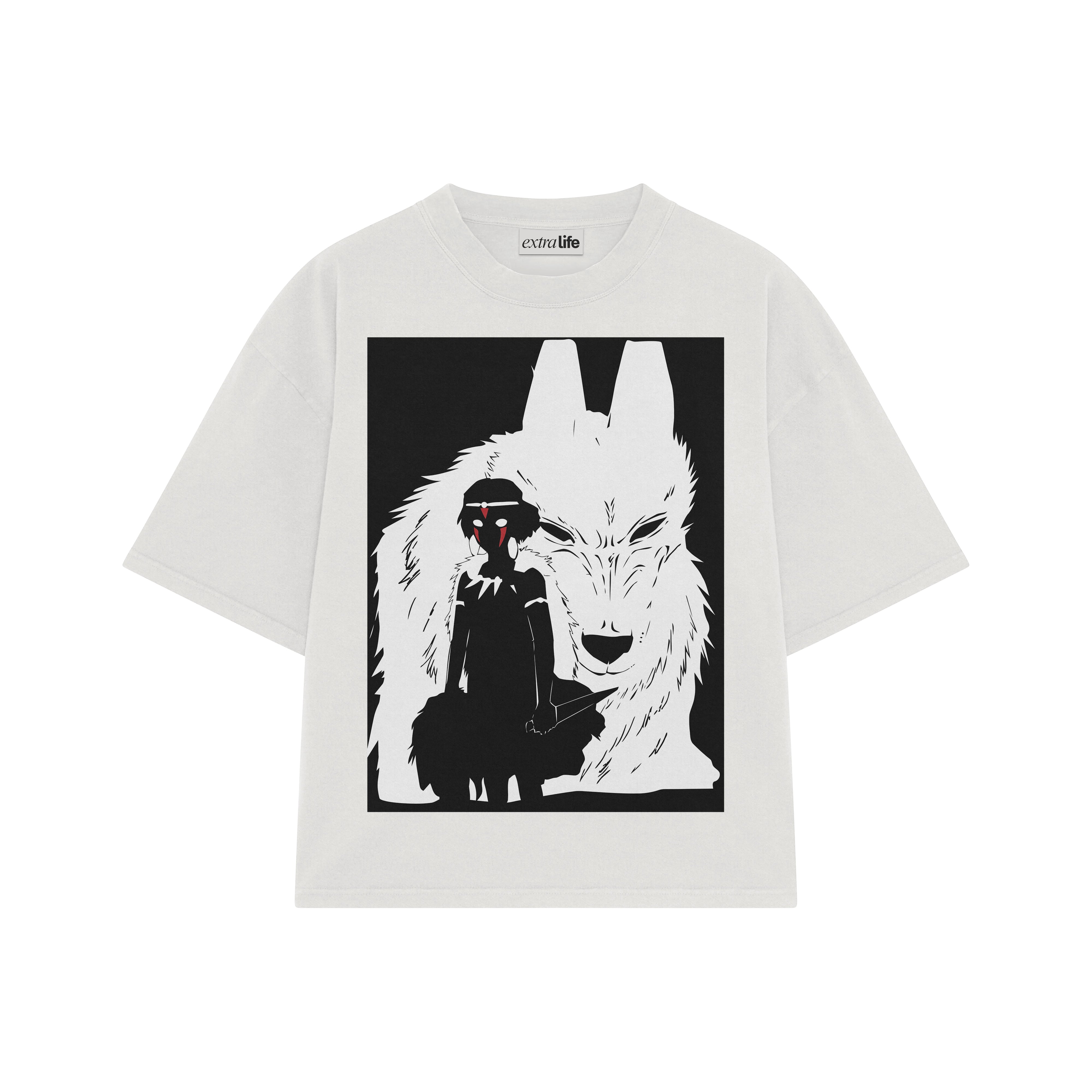 Playera streetwear premium de anime y gaming ExtraLife MX, corte boxy oversized drop shoulder heavyweight en color Deep Black y Off-White, moda urbana mexicana de culto.