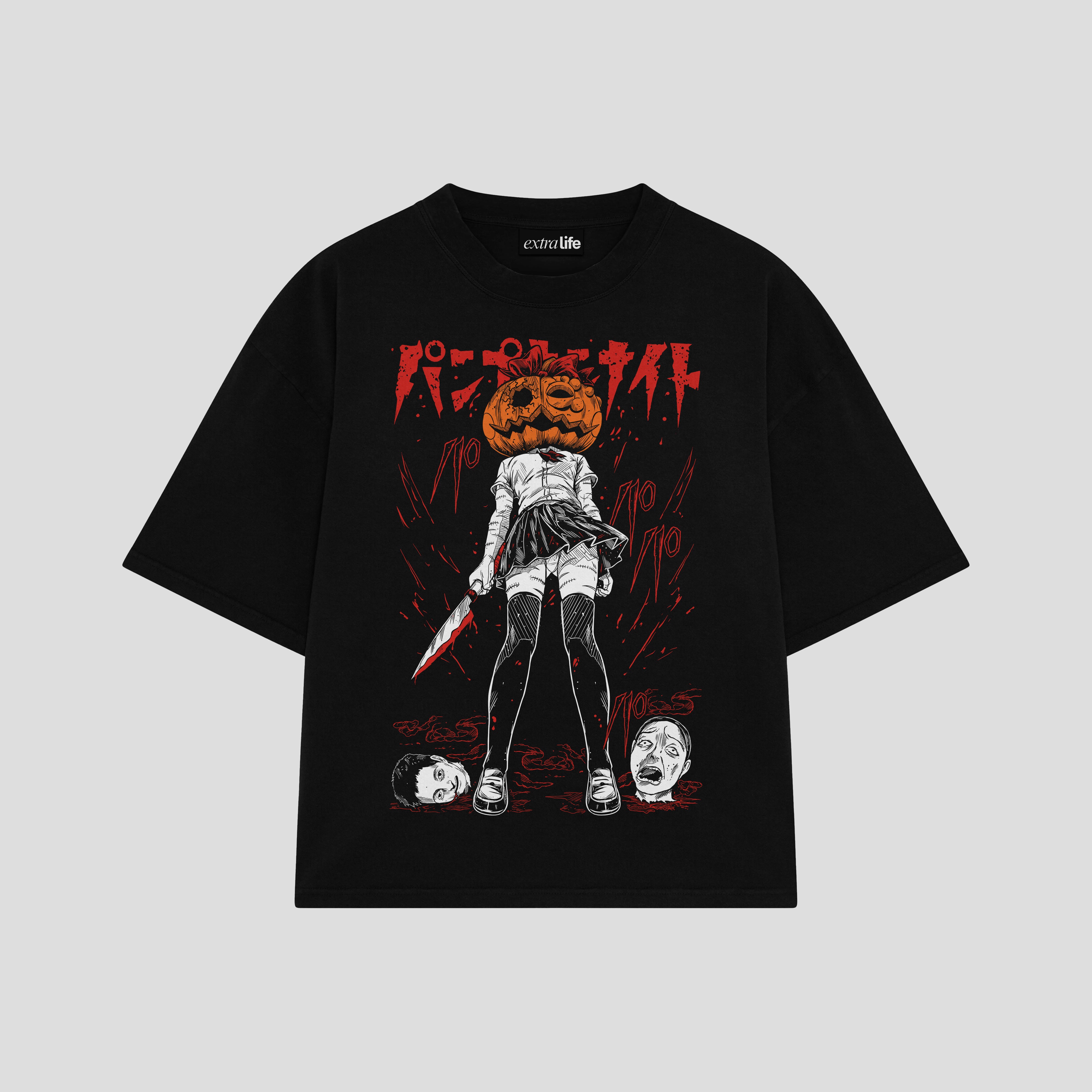 Playera streetwear premium de anime y gaming ExtraLife MX, corte boxy oversized drop shoulder heavyweight en color Deep Black y Off-White, moda urbana mexicana de culto.