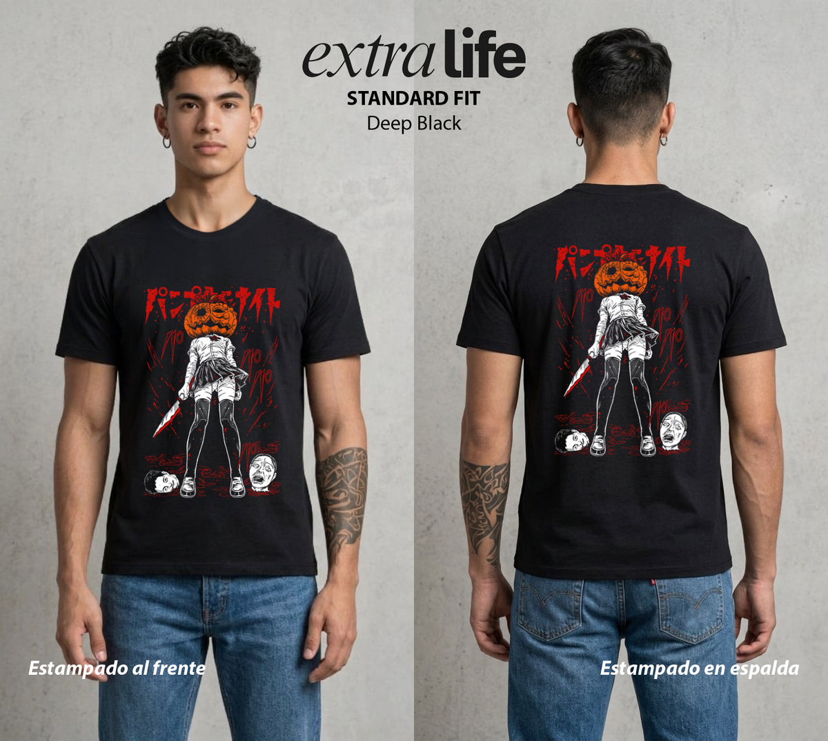 La Noche de la Calabaza | La Calabaza de la Muerte #03590 - Playera Classic Premium | Deep Black - Foto en modelo