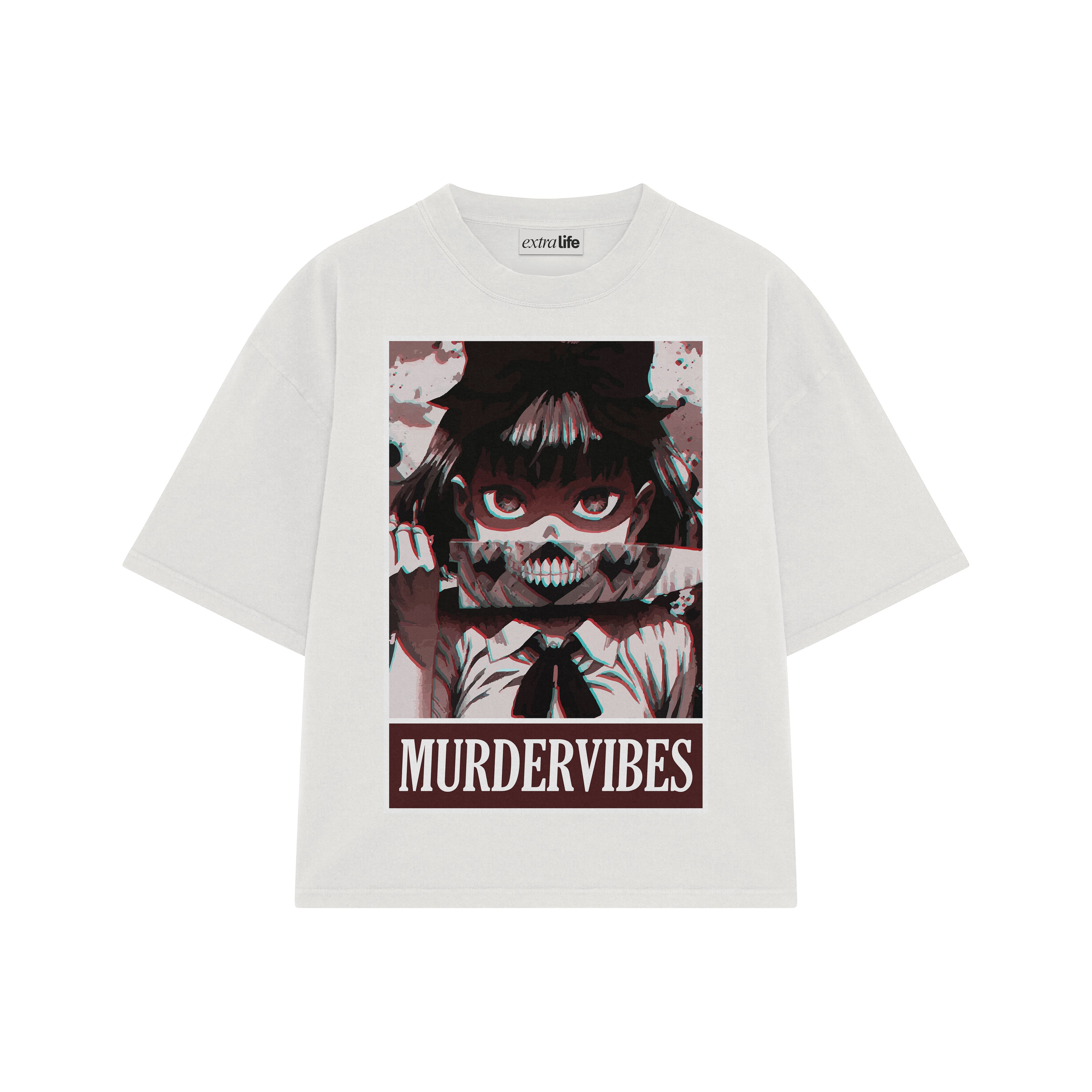 Playera streetwear premium de anime y gaming ExtraLife MX, corte boxy oversized drop shoulder heavyweight en color Deep Black y Off-White, moda urbana mexicana de culto.