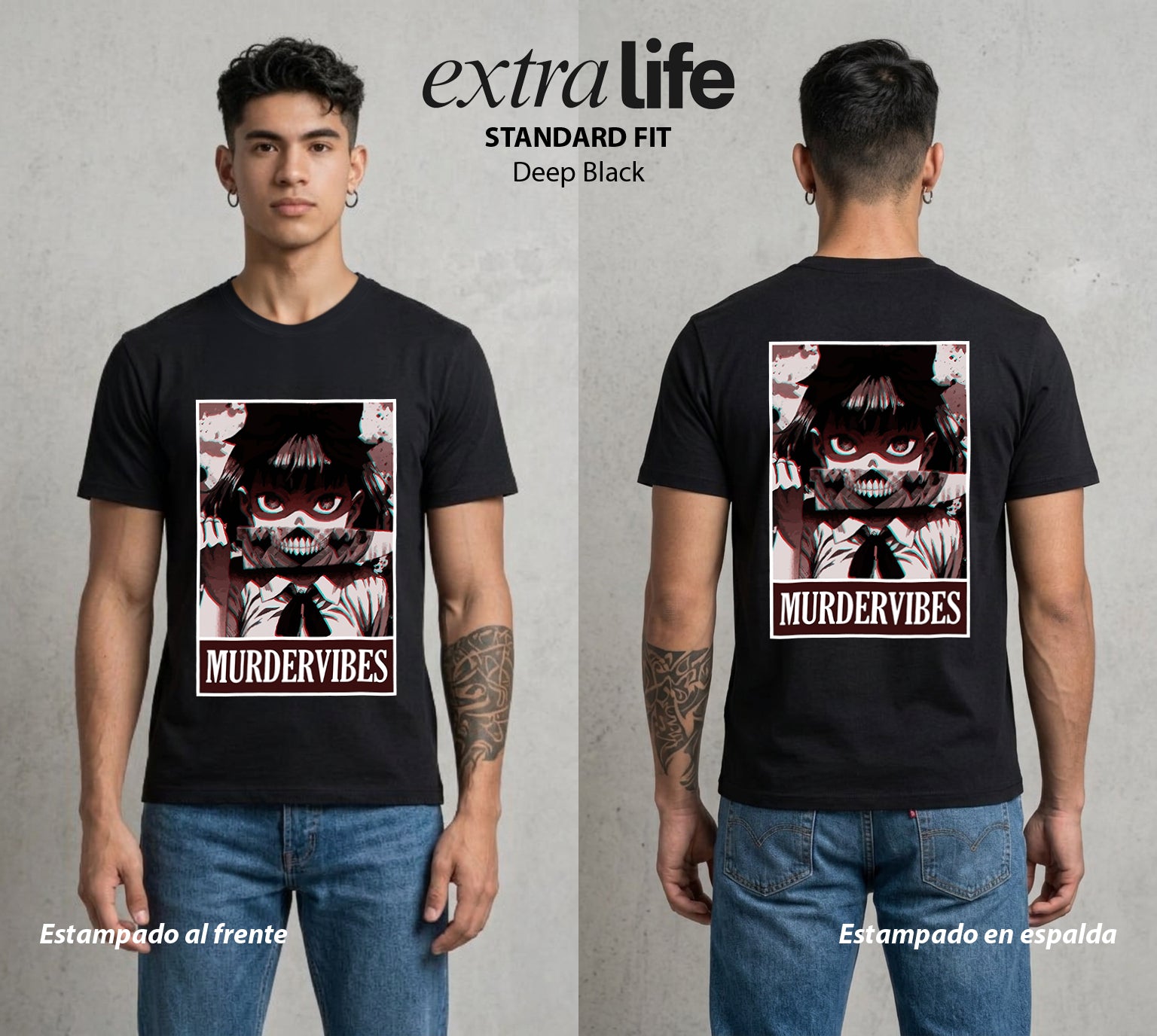 La Noche de la Calabaza | Las Vibraciones del Mal #03591 - Playera Standard Fit | Deep Black - Foto en modelo