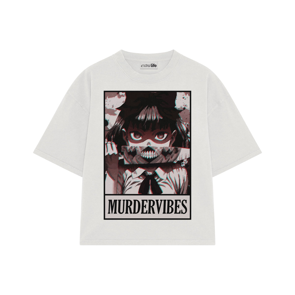 Playera streetwear premium de anime y gaming ExtraLife MX, corte oversized drop shoulder ligero y fresco en color Deep Black y Off-White, moda urbana mexicana de culto.