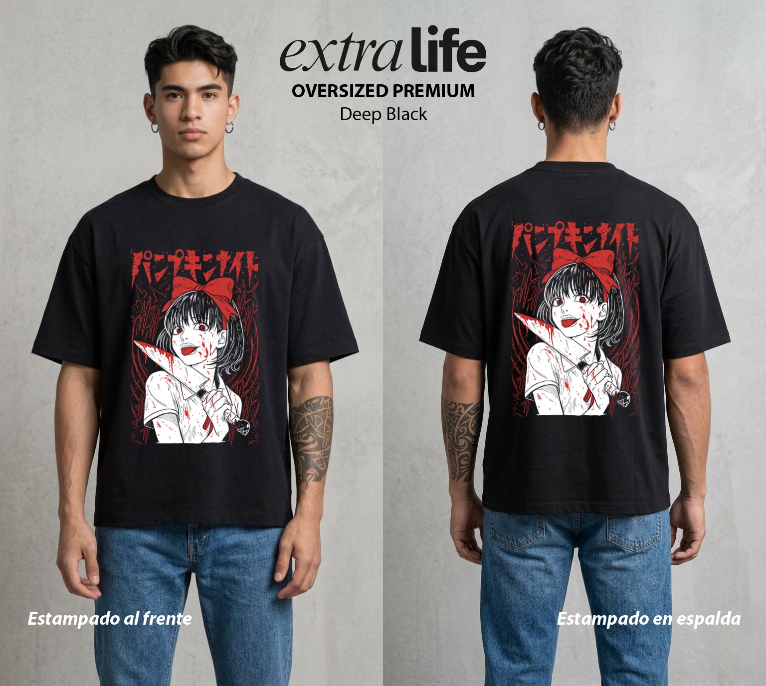 La Noche de la Calabaza | El Trauma del Bien #03593 - Playera Oversized Premium | Deep Black - Foto en modelo