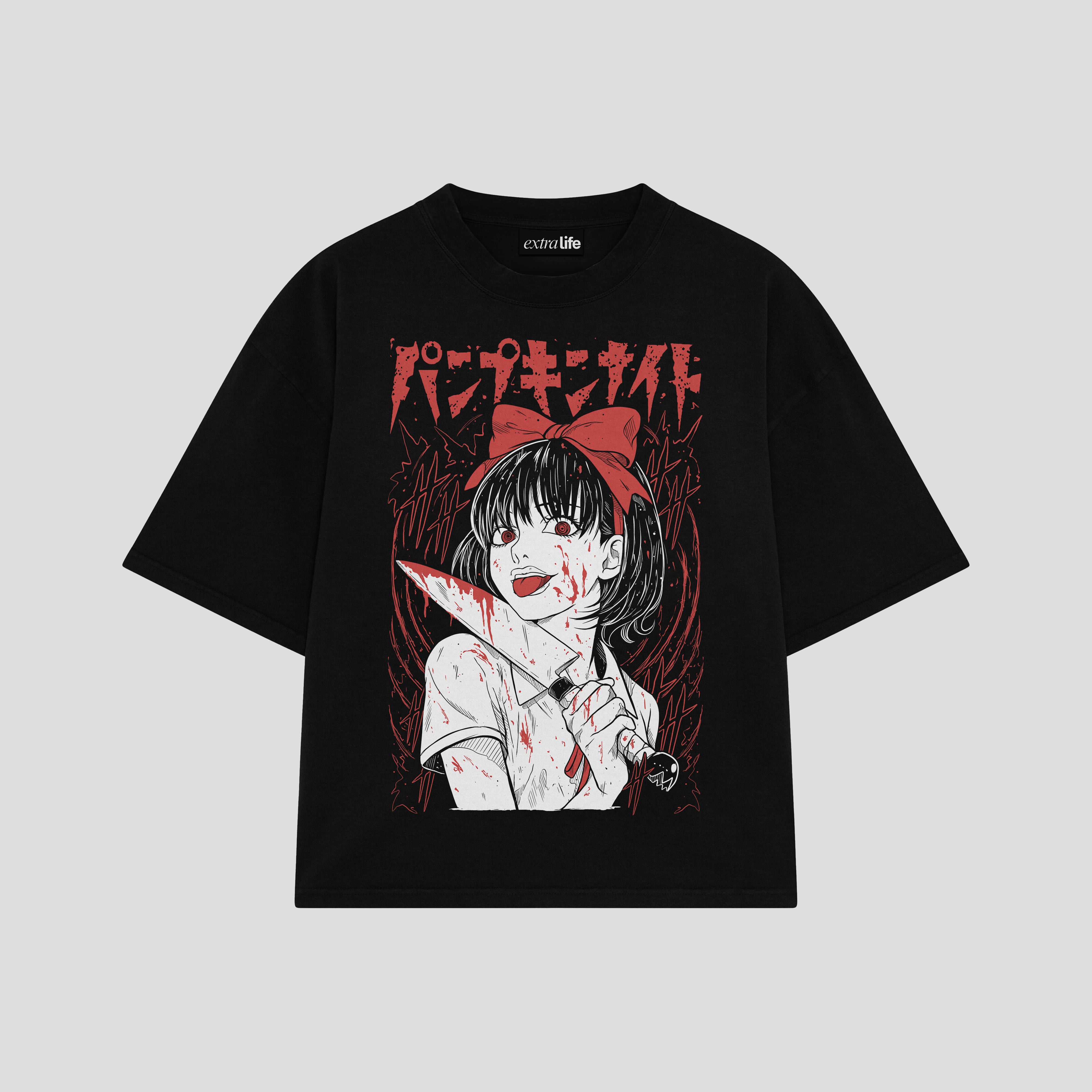 Playera streetwear premium de anime y gaming ExtraLife MX, corte boxy oversized drop shoulder heavyweight en color Deep Black y Off-White, moda urbana mexicana de culto.