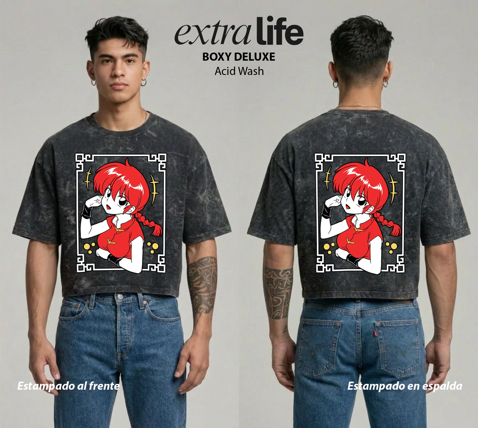 Playera streetwear premium de anime y gaming ExtraLife MX, corte boxy deluxe mineral wash heavyweight en color Acid Wash, moda urbana mexicana de culto.