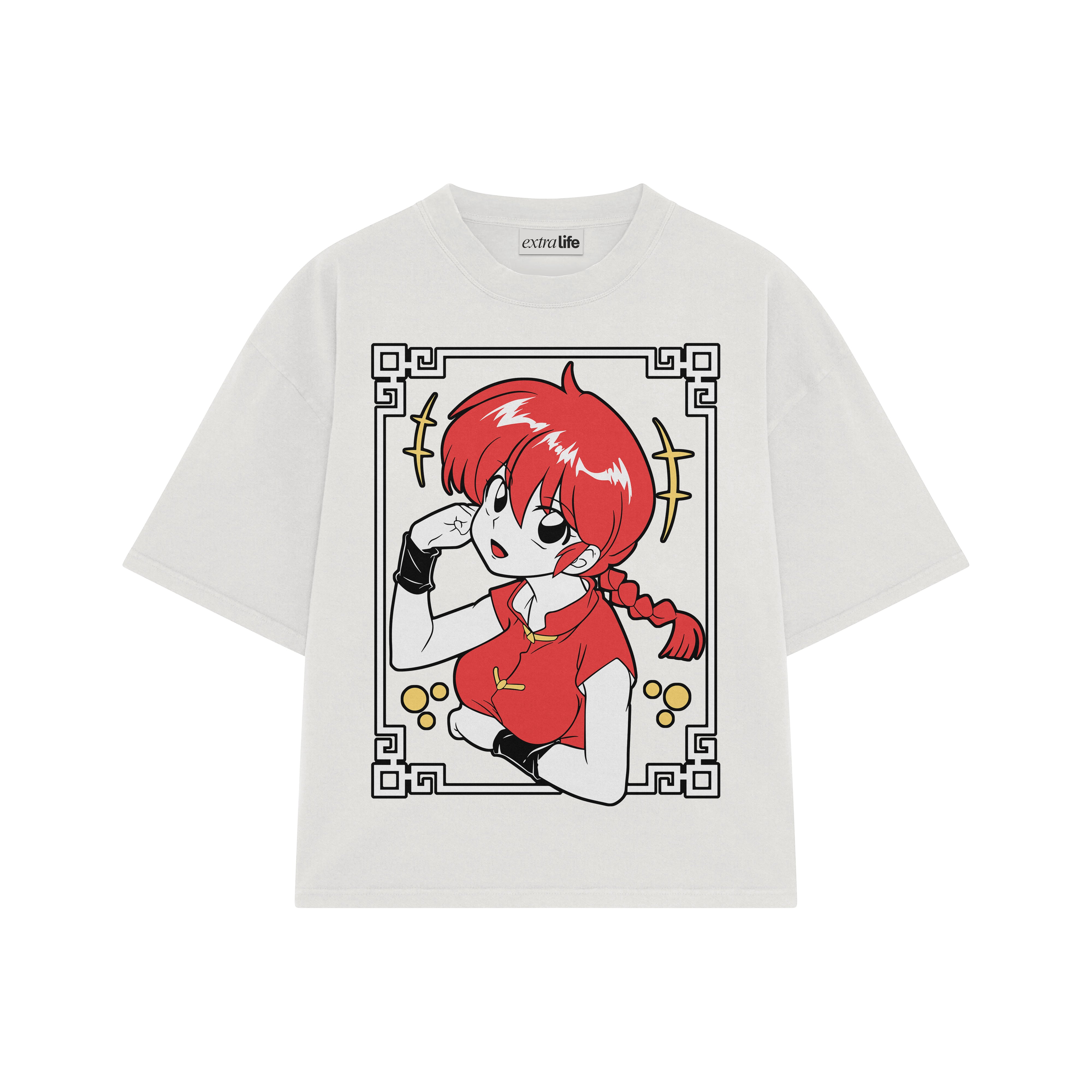 Playera streetwear premium de anime y gaming ExtraLife MX, corte boxy oversized drop shoulder heavyweight en color Deep Black y Off-White, moda urbana mexicana de culto.