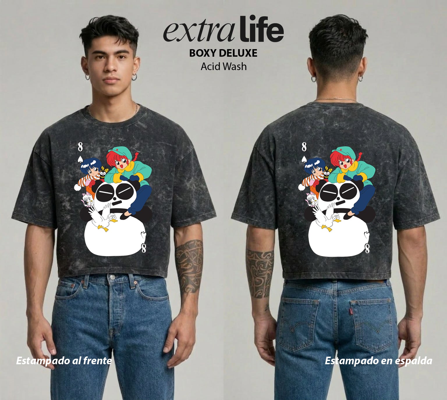 Playera streetwear premium de anime y gaming ExtraLife MX, corte boxy deluxe mineral wash heavyweight en color Acid Wash, moda urbana mexicana de culto.