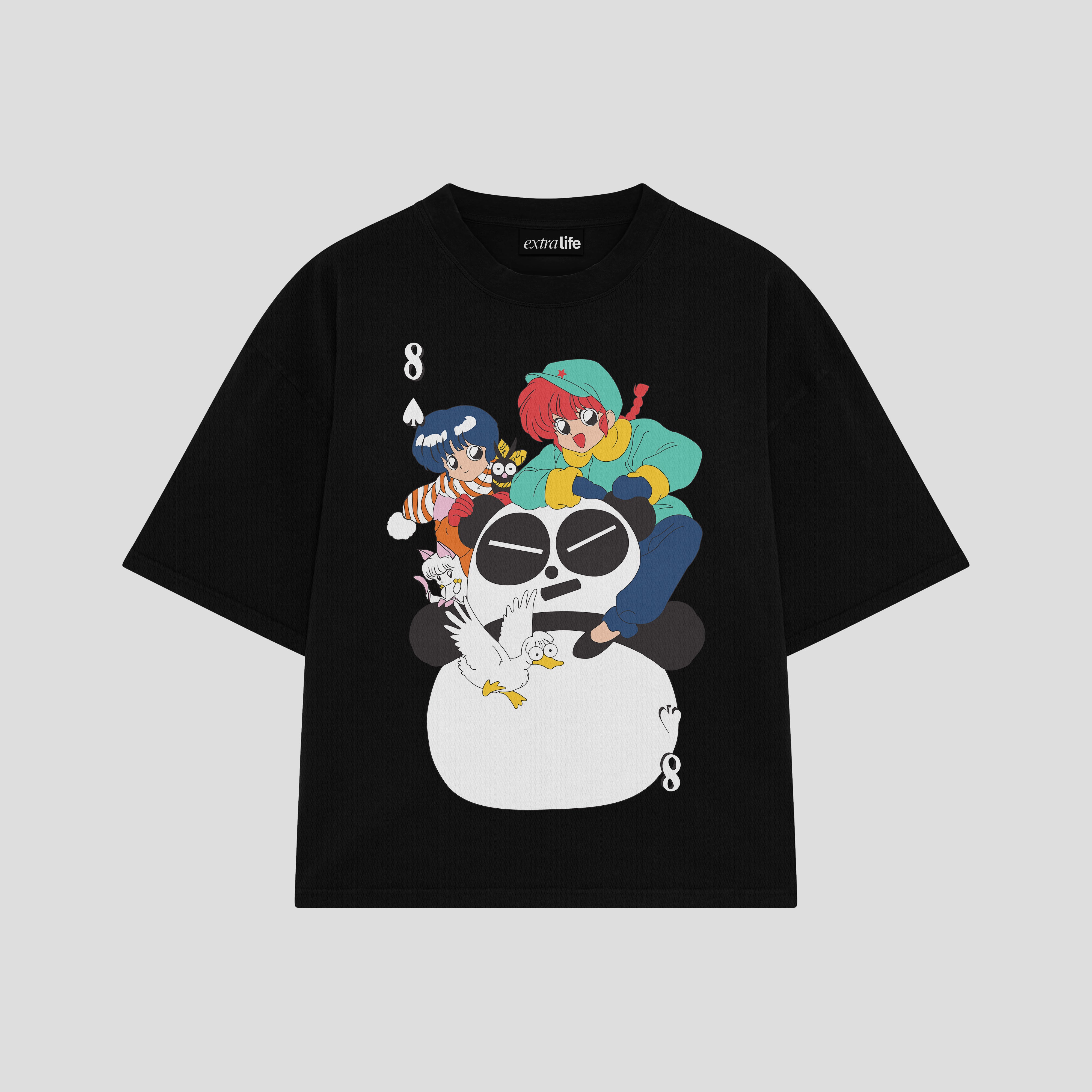 Playera streetwear premium de anime y gaming ExtraLife MX, corte boxy oversized drop shoulder heavyweight en color Deep Black y Off-White, moda urbana mexicana de culto.