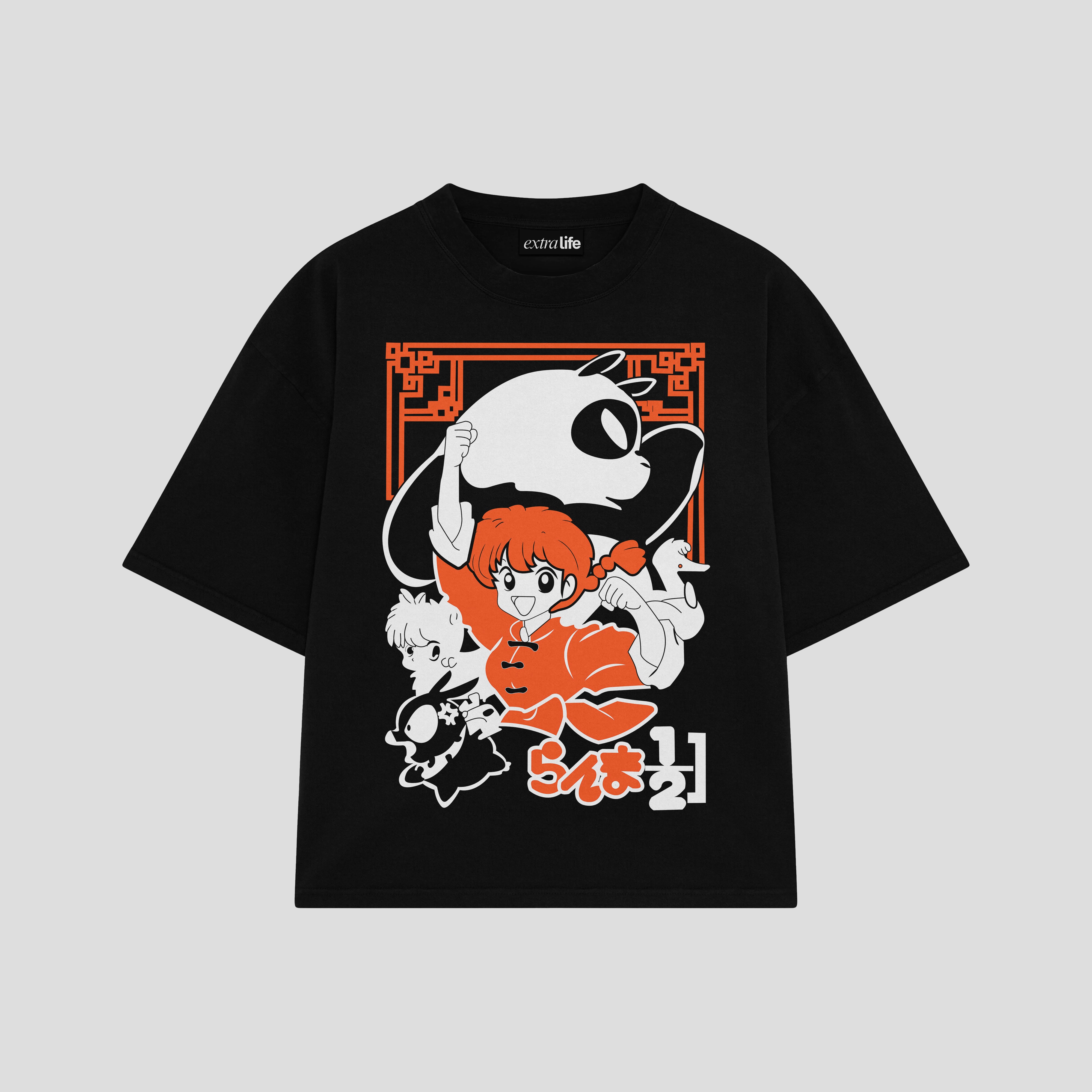 Playera streetwear premium de anime y gaming ExtraLife MX, corte boxy oversized drop shoulder heavyweight en color Deep Black y Off-White, moda urbana mexicana de culto.
